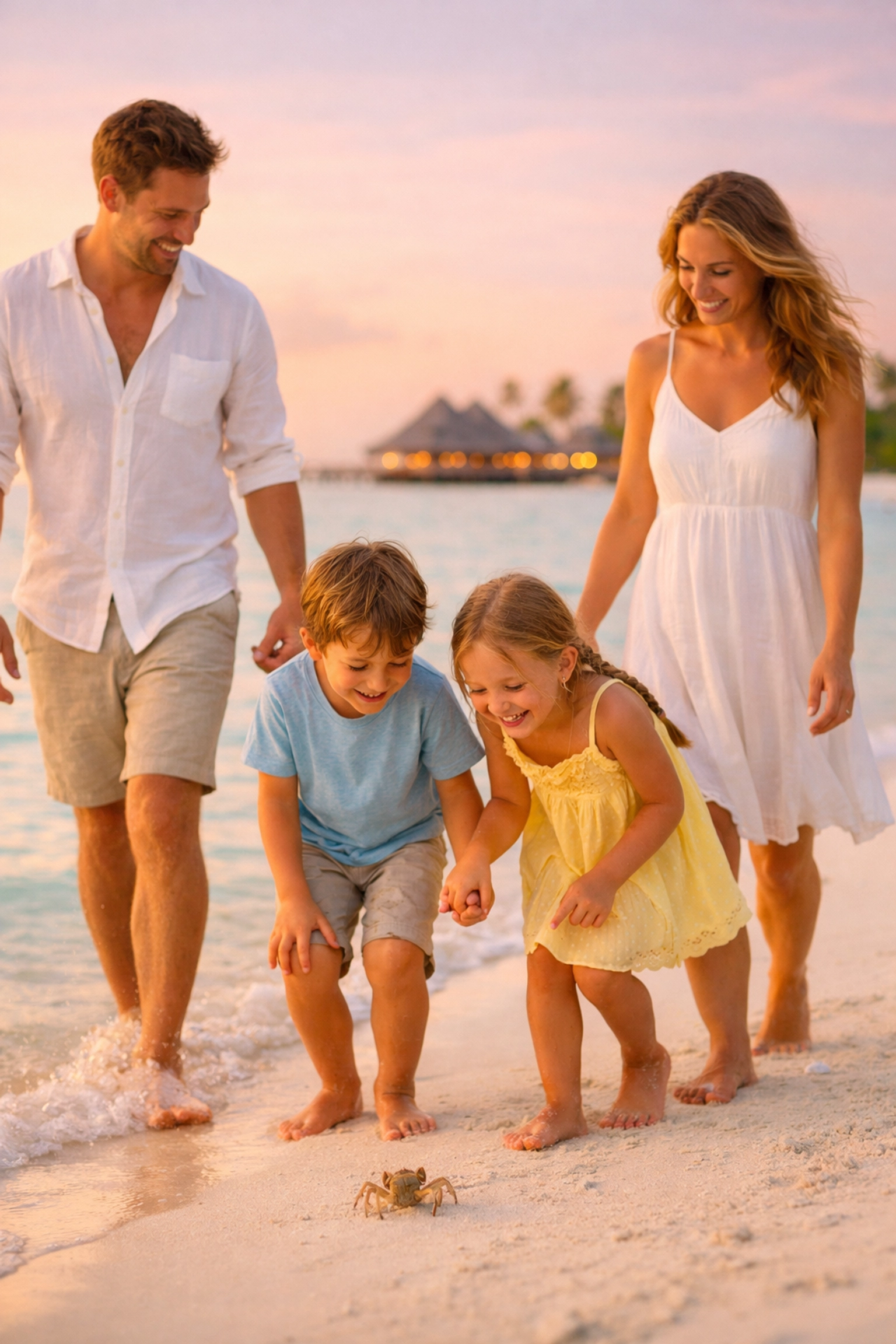Family walking on a white sand beach at golden hour, enjoying a luxury Maldives all inclusive travel package.