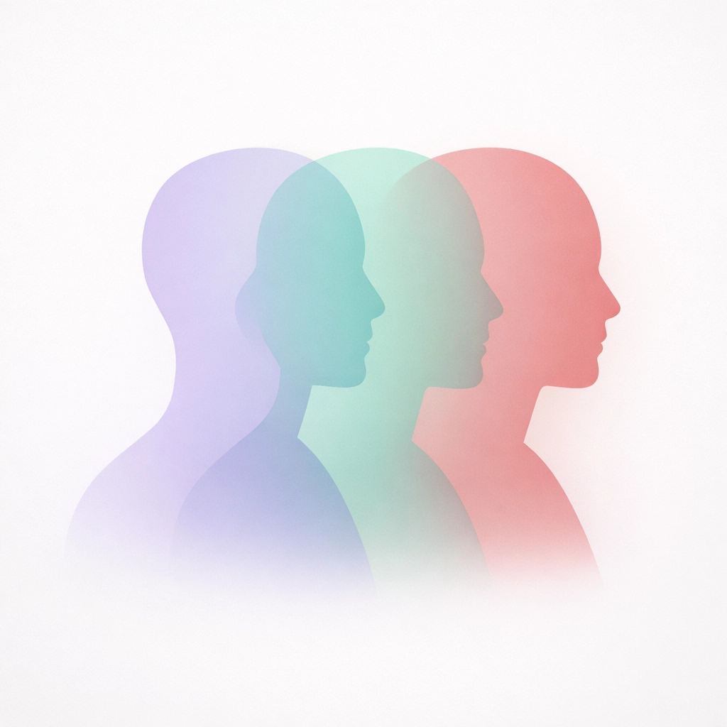 Overlapping pastel silhouettes symbolizing an identity shift during a career transition.