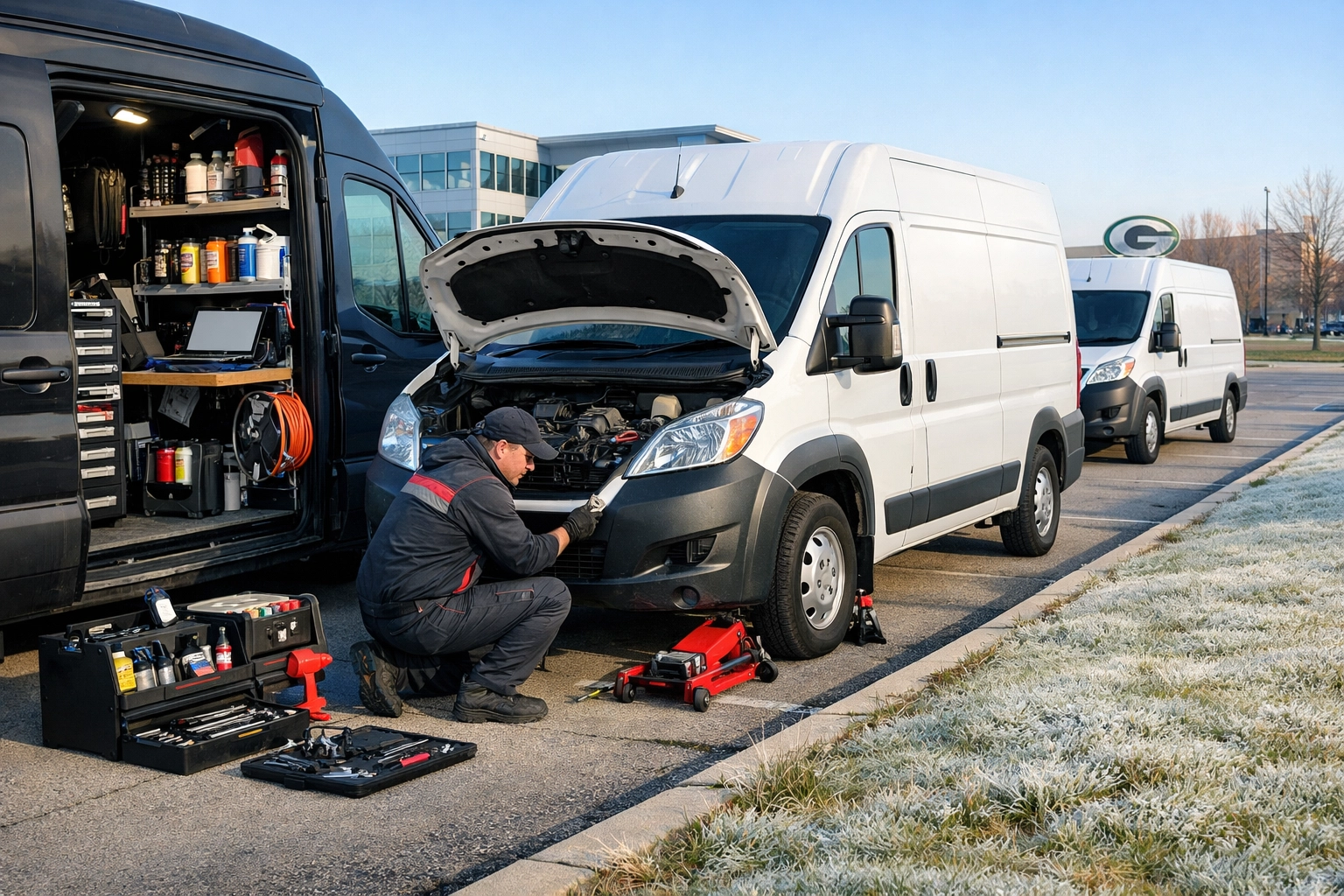 Professional mobile mechanic performing fleet maintenance on delivery vans in a Green Bay parking lot.