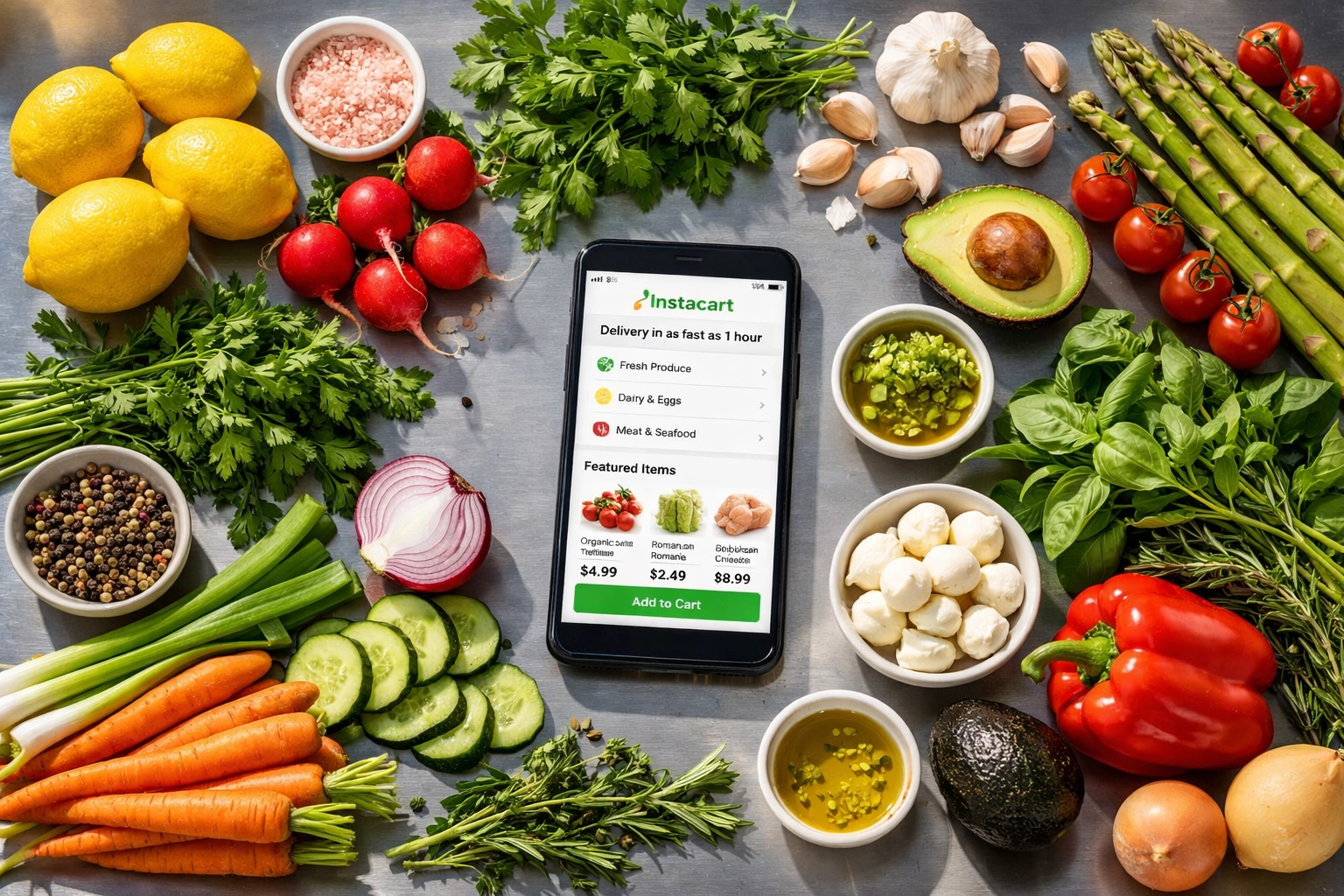 Fresh restaurant ingredients with smartphone showing Instacart just-in-time delivery ordering