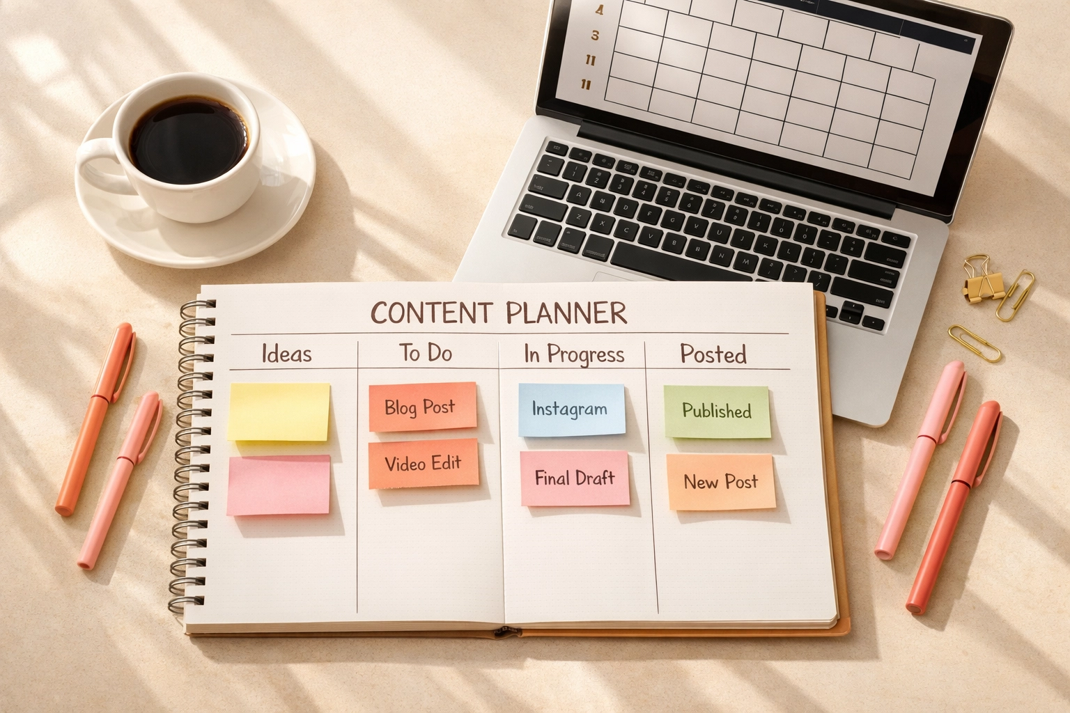 Content planner with colorful sticky notes organizing social media content pillars on desk