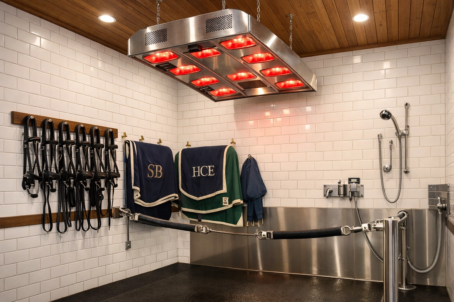Luxury horse grooming stall with premium fixtures at an elite Connecticut equestrian facility.
