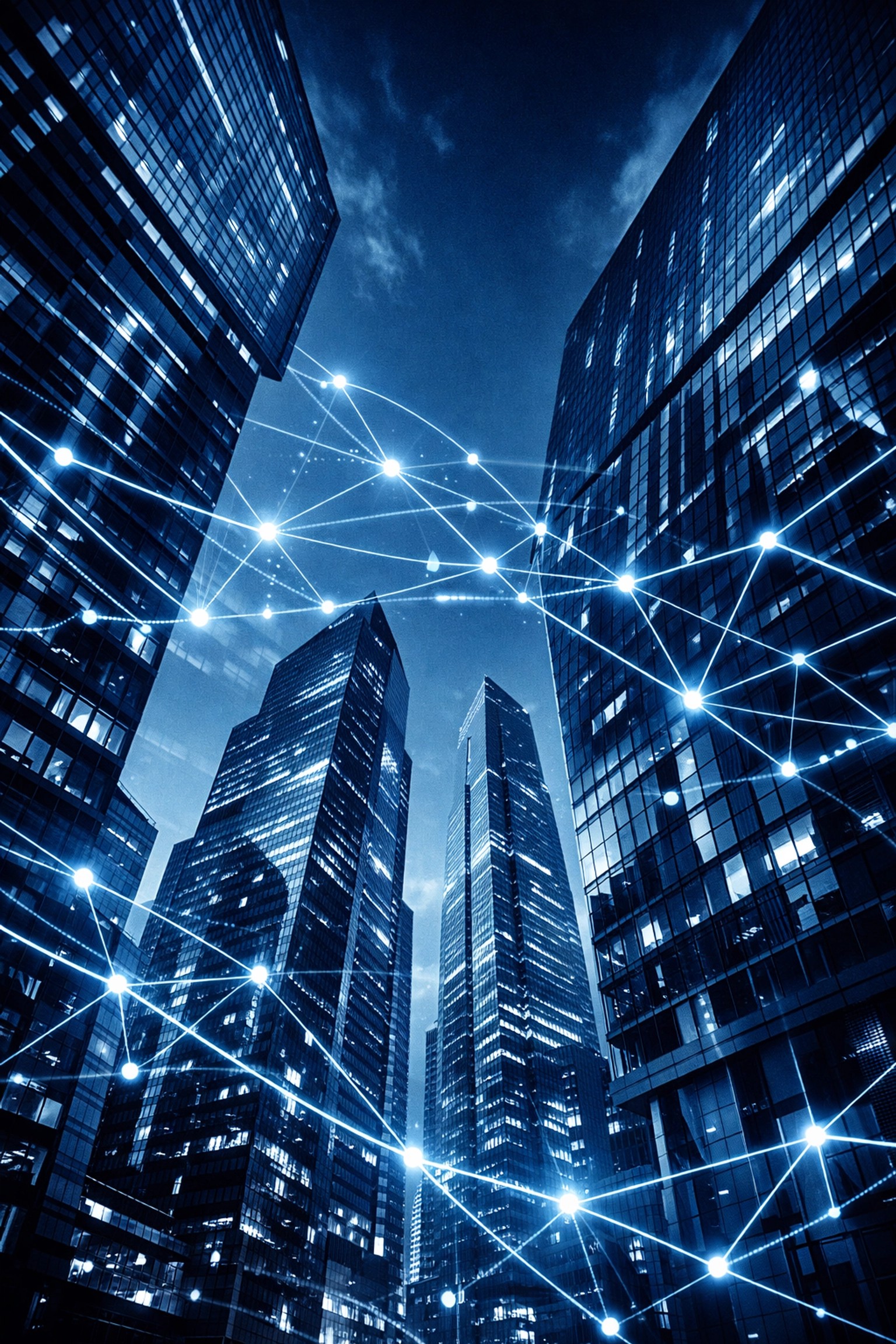 Modern city skyline with digital network overlays representing cloud-based business communication infrastructure.