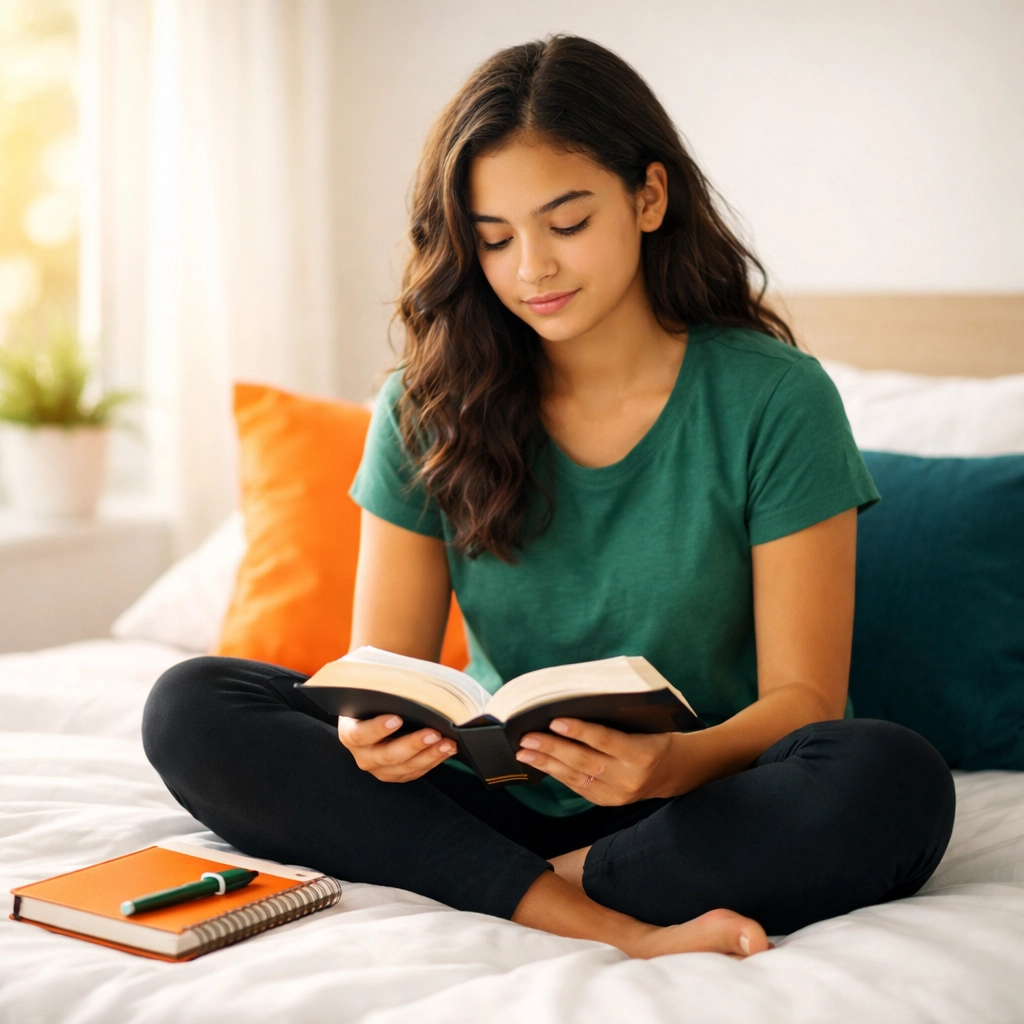 Teen girl reading Bible and journaling during morning devotional time on her bed
