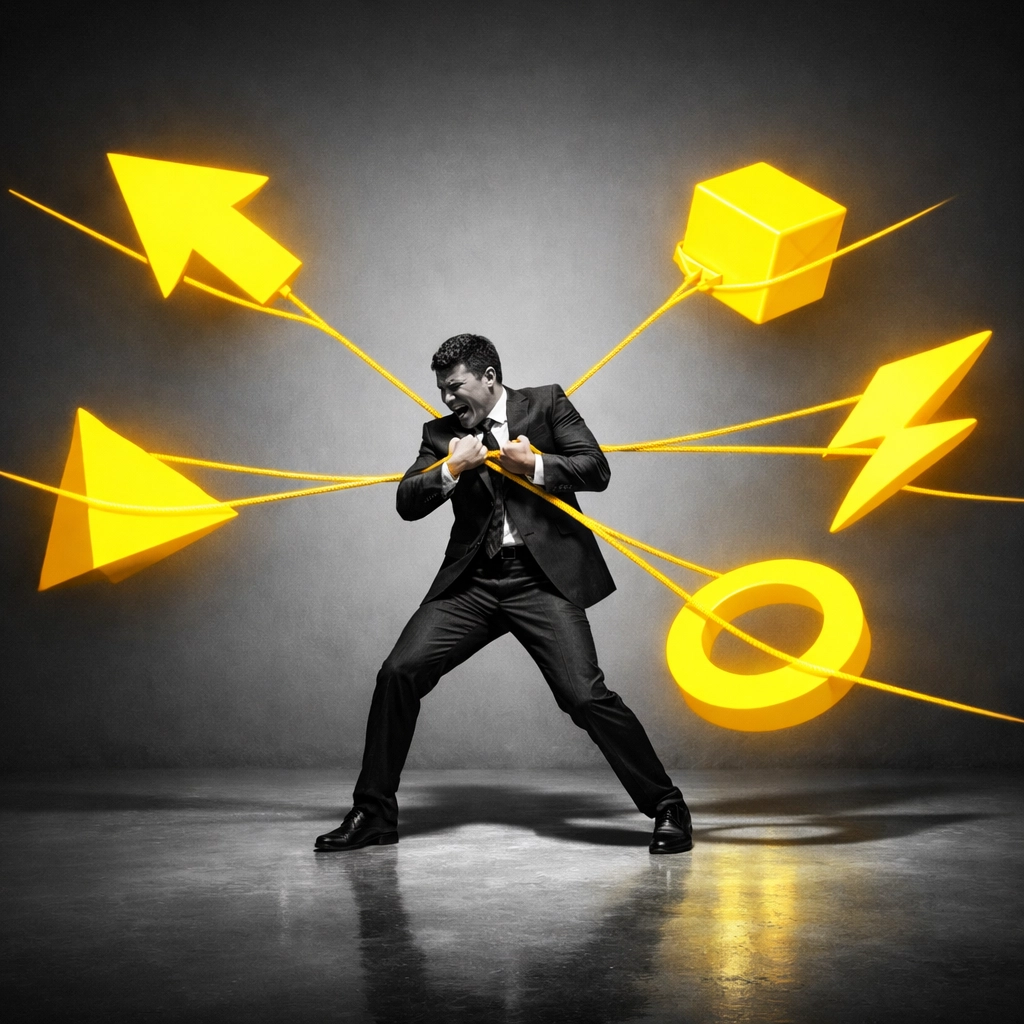 A professional struggling with fragmented tasks, representing the stress of managing multiple Bunbury marketing agencies.