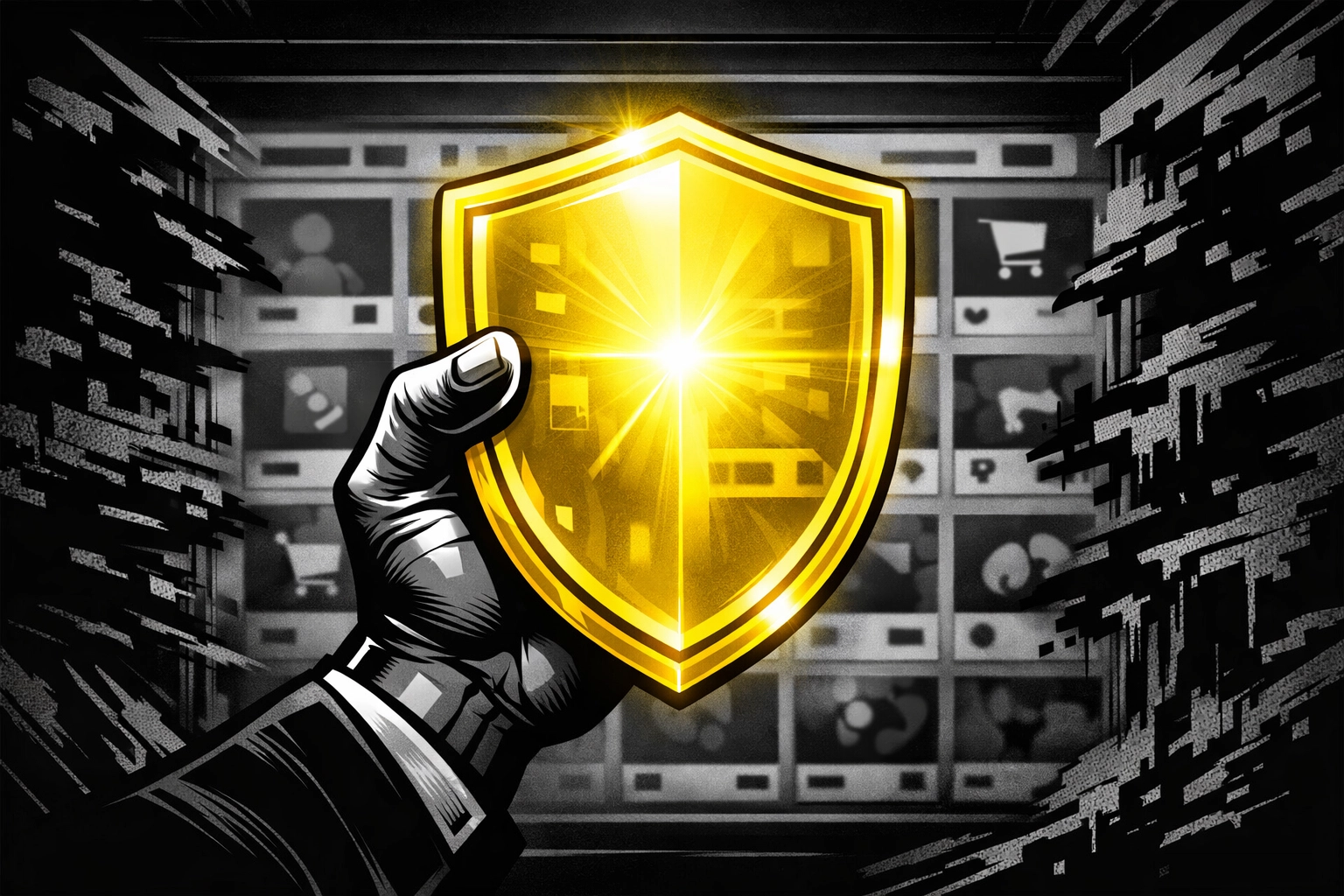 Amazon brand management illustration showing a shield protecting a marketplace listing from hijackers.