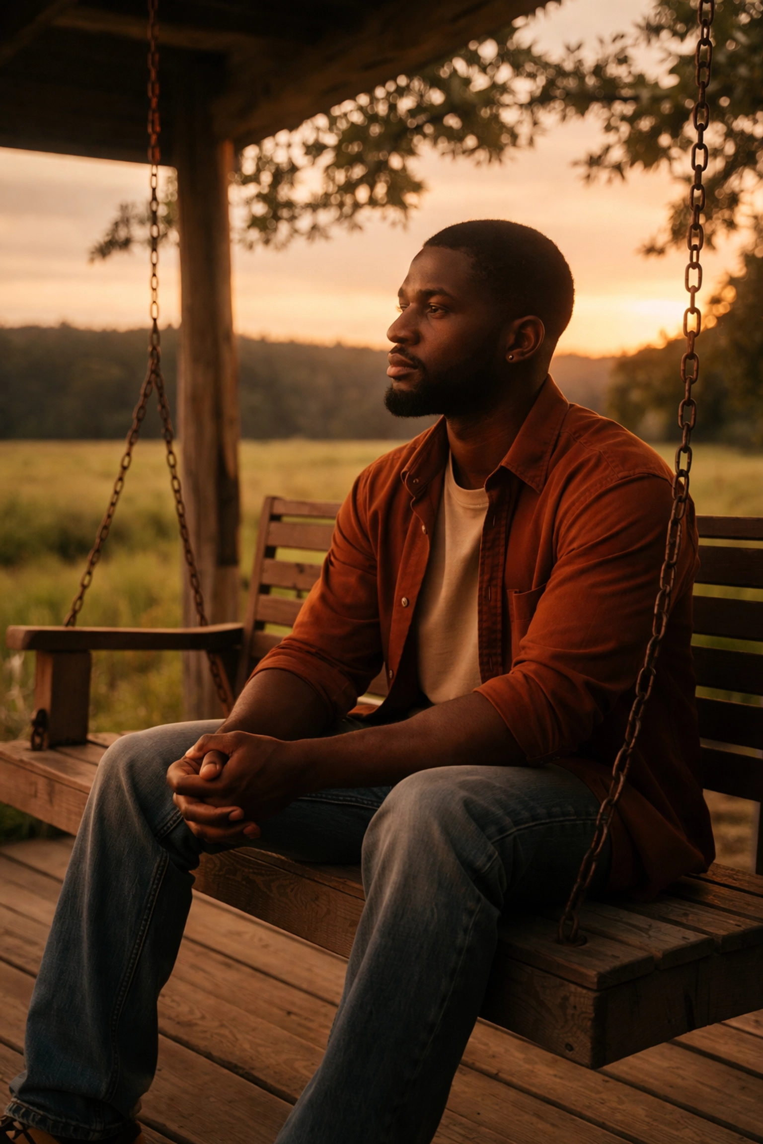 Black man reflects on life and past trauma while sitting alone on a rural Southern porch swing at sunset