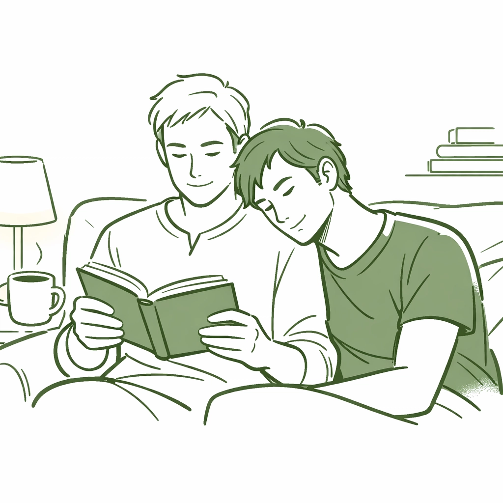 Two men reading MM romance together on couch, illustrating gay love stories and LGBTQ+ fiction