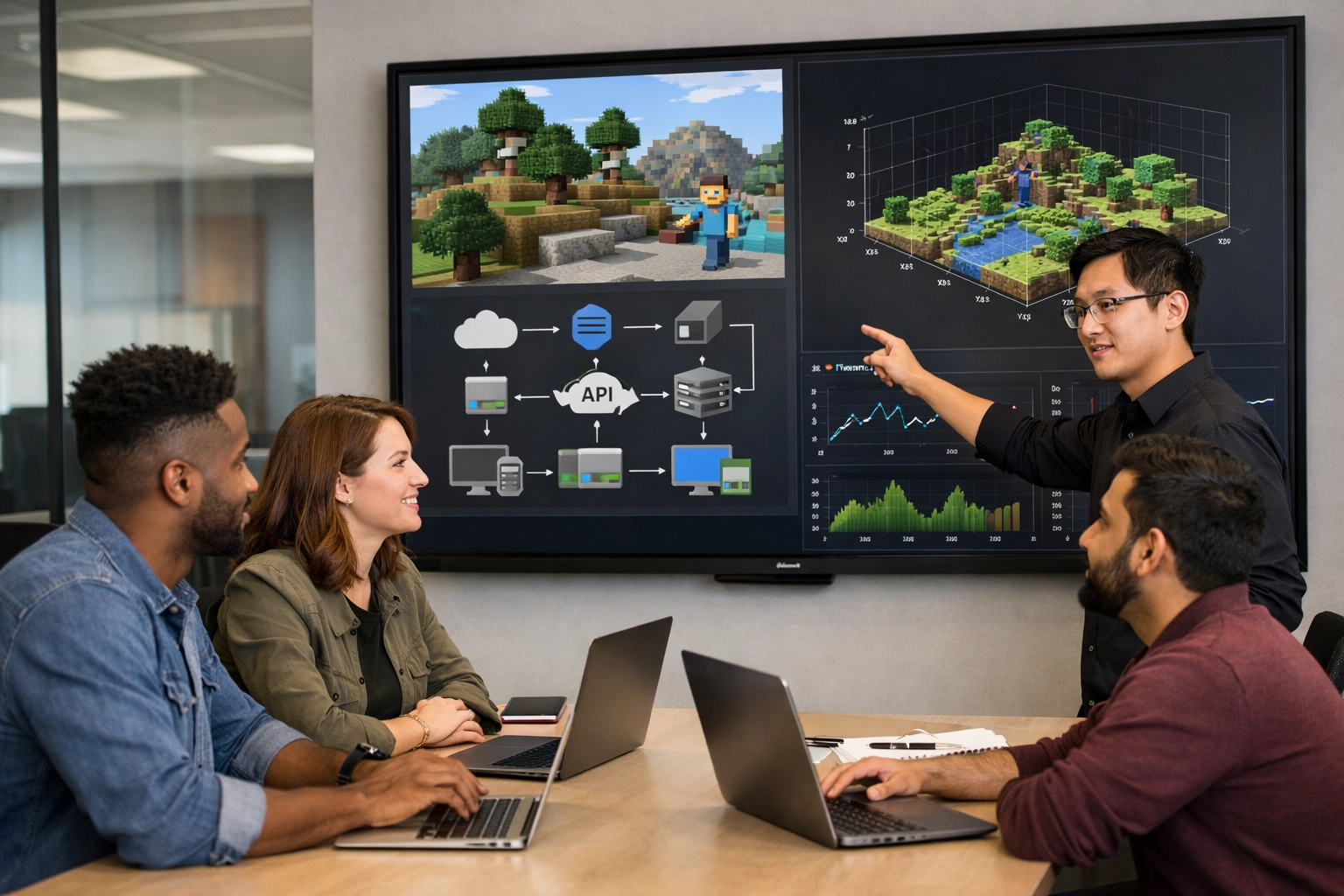 Professional office photography of developers collaborating on custom software development for a Minecraft enterprise server.