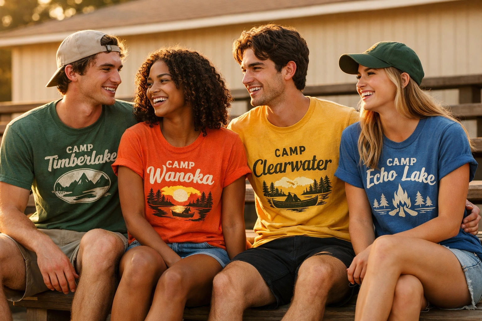Young adults wearing durable summer camp t-shirts that have lasted for years