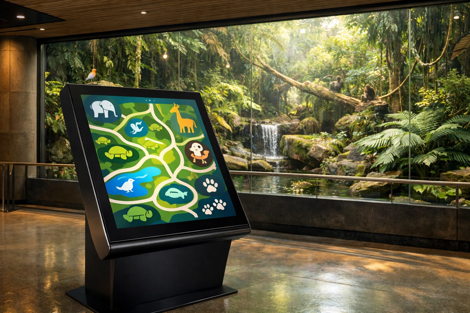 Modern interactive digital kiosk in a zoo pavilion providing wayfinding and smart venue maps for visitors.