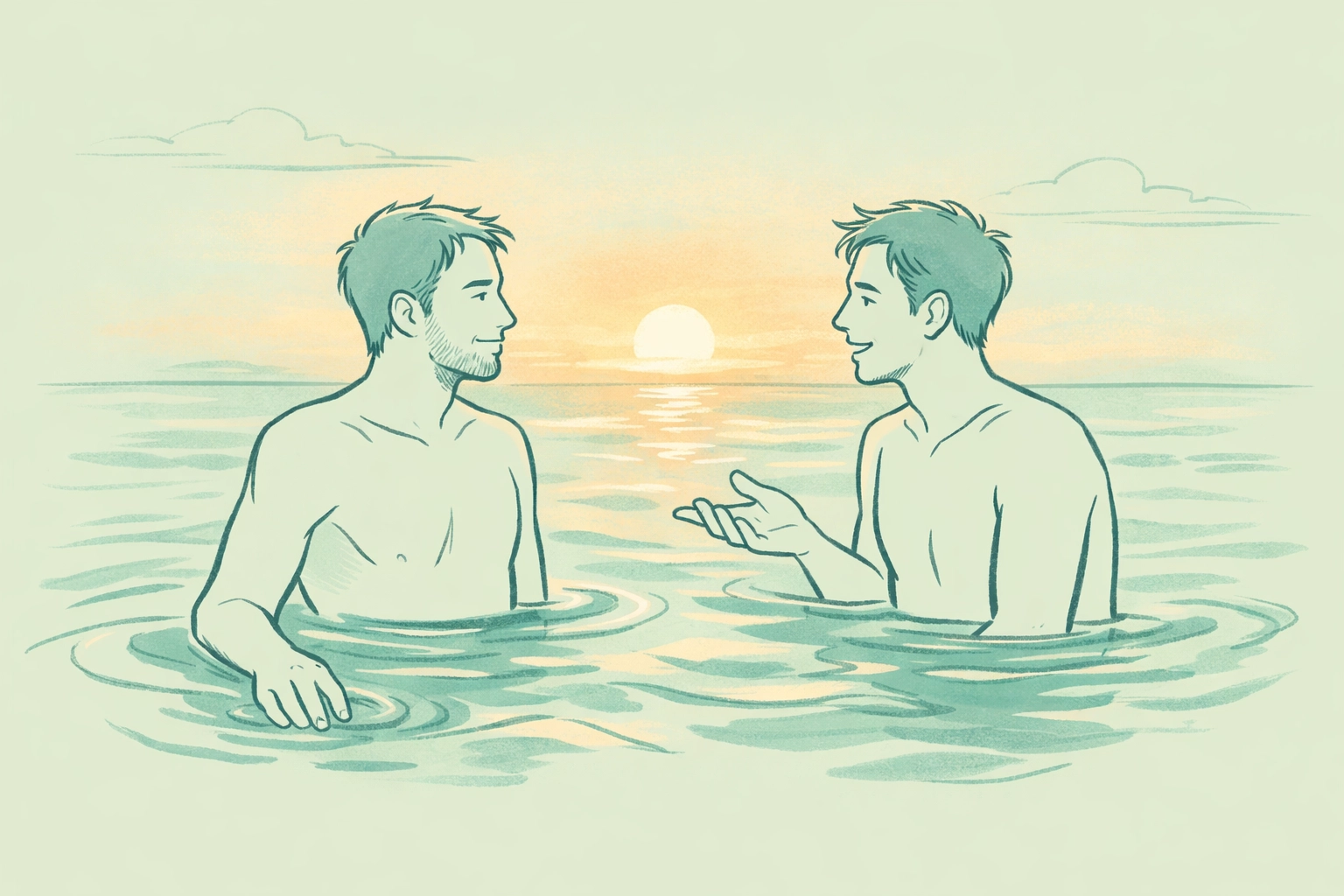 Two men waist-deep in ocean sharing vulnerable conversation at sunset in gay romance narrative