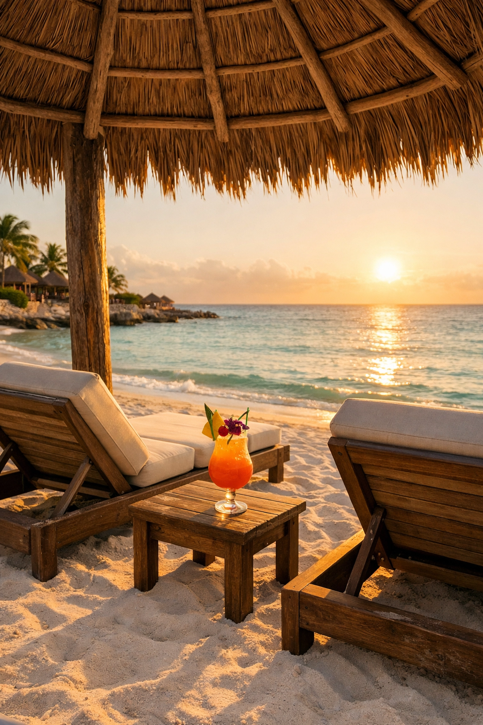 Relaxing beach lounge chairs under a palapa at a luxury all-inclusive resort in Riviera Maya at sunset.