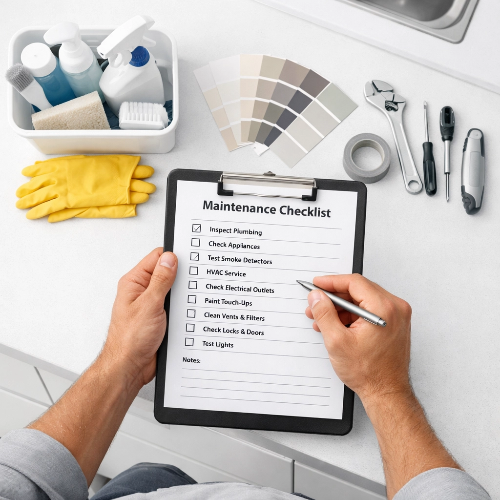 Apartment turnover checklist with cleaning supplies and tools for make-ready process