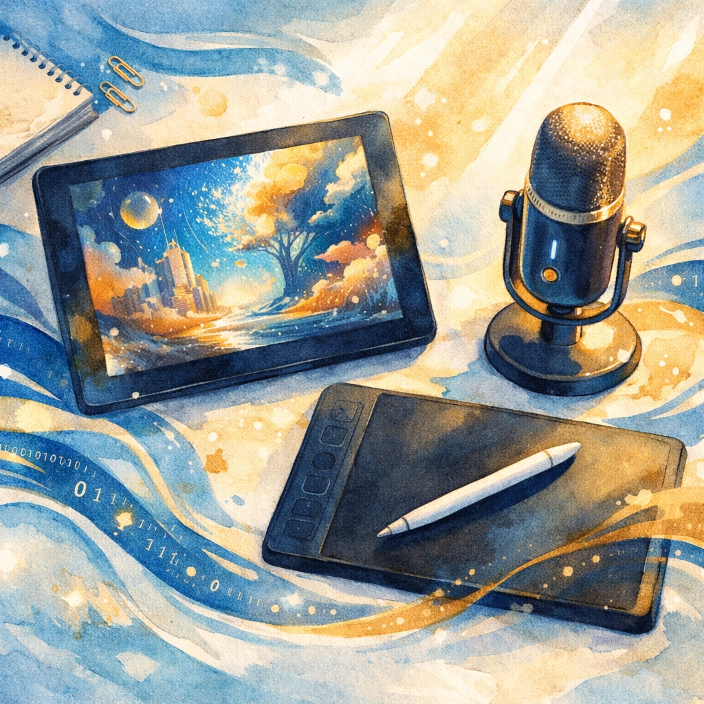 AI-powered creative tools displayed on digital workspace with tablet and stylus for modern creators