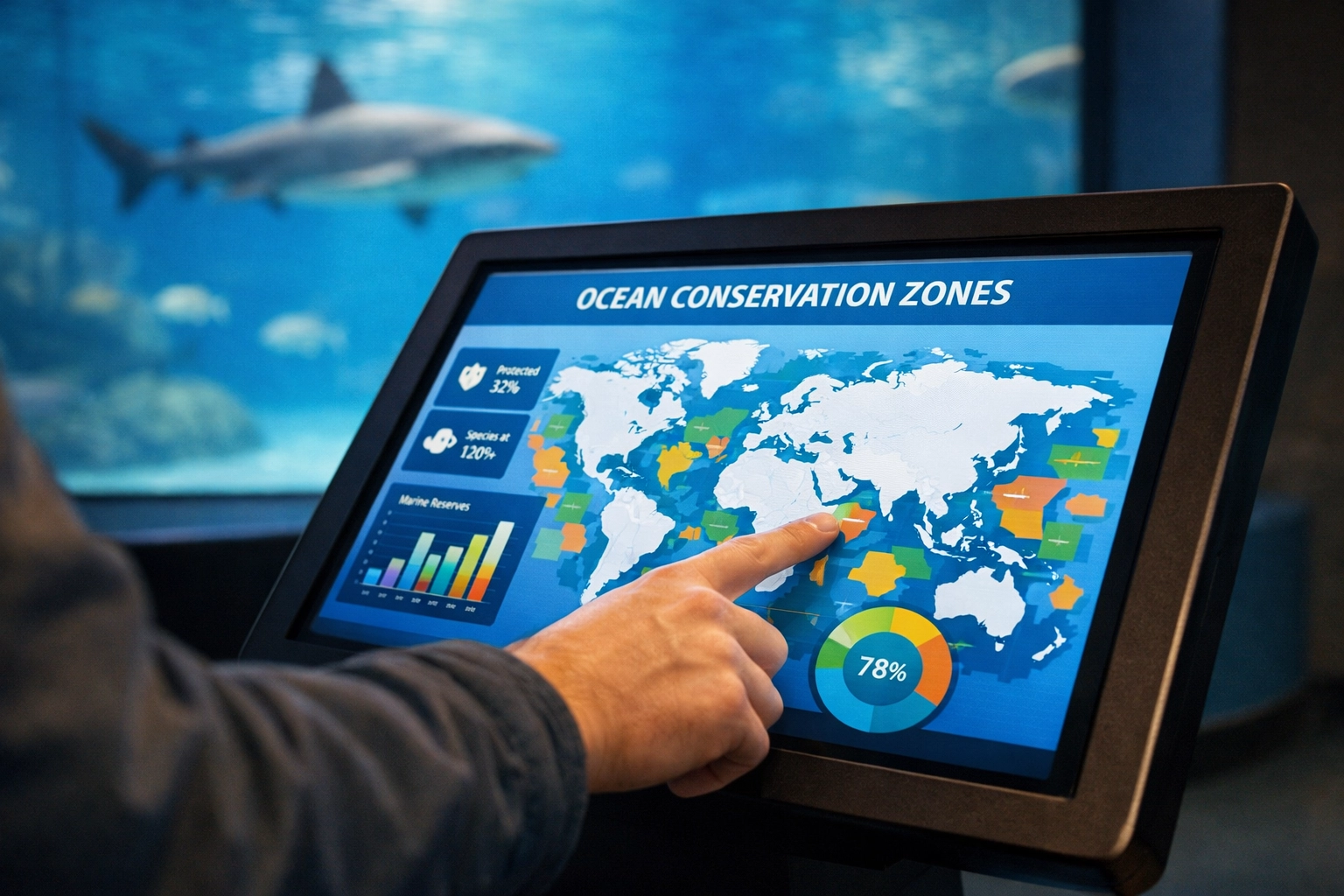 Visitor using an interactive media kiosk for conservation education at a modern aquarium venue.