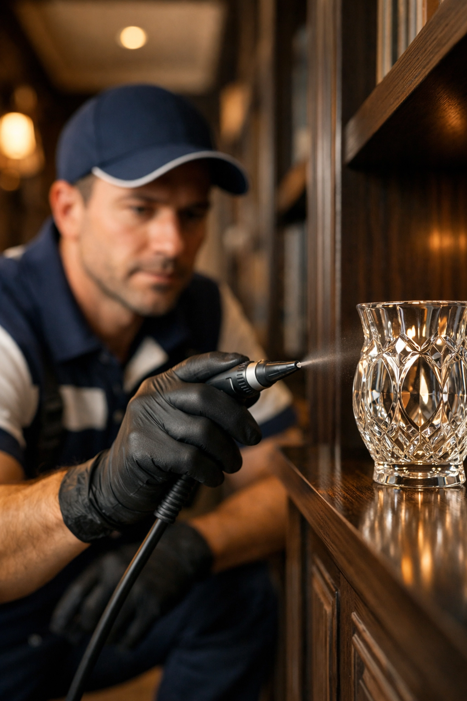 Professional residential cleaning Massachusetts expert detailed dusting a luxury dark wood bookshelf in Dover.