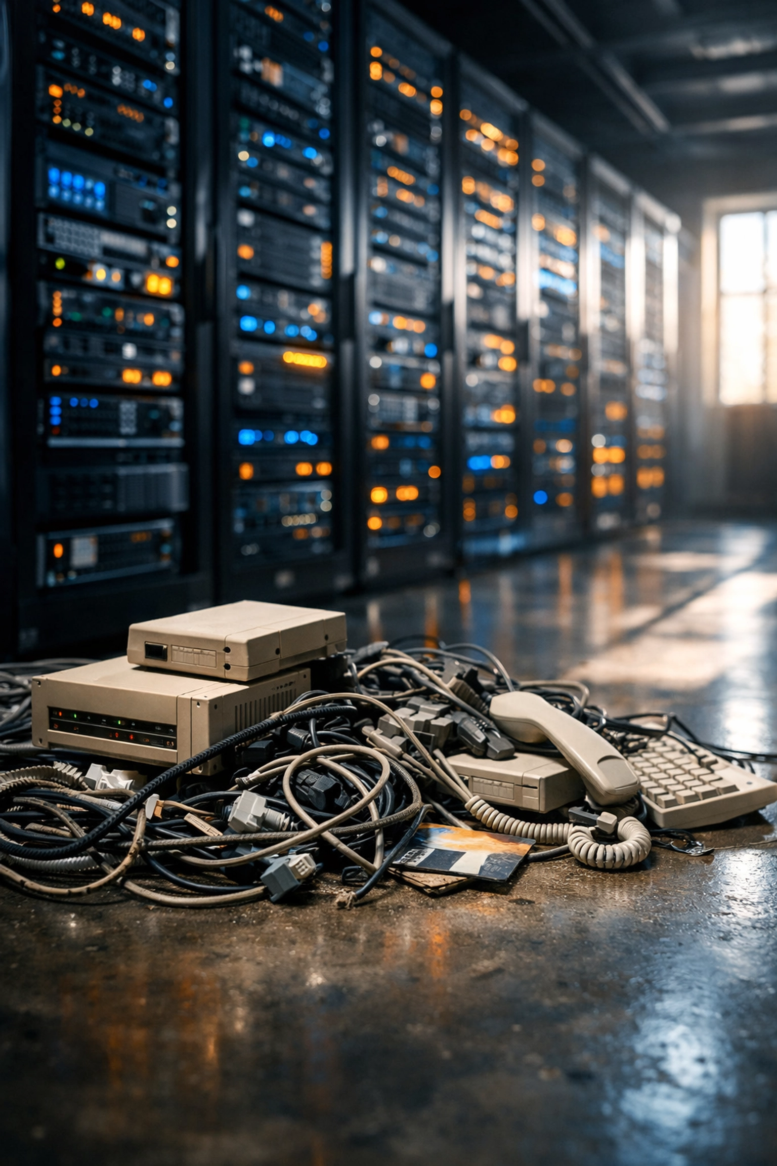 Legacy server equipment contrasts with modern infrastructure showing outdated automation systems