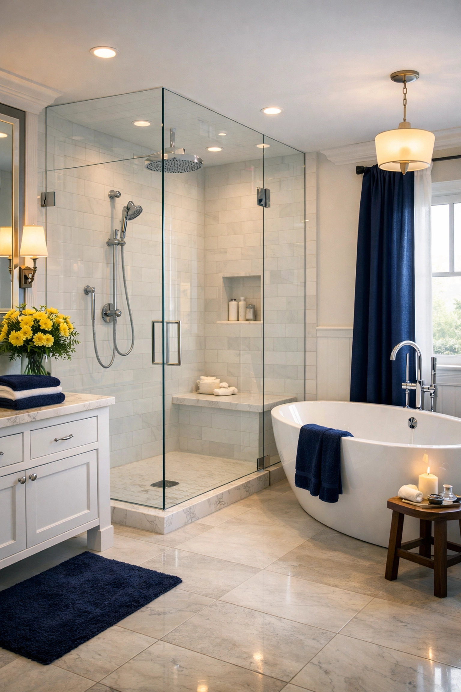 Clean master bathroom with a streak-free glass shower and soaking tub, ready for a weekend in New Seabury.