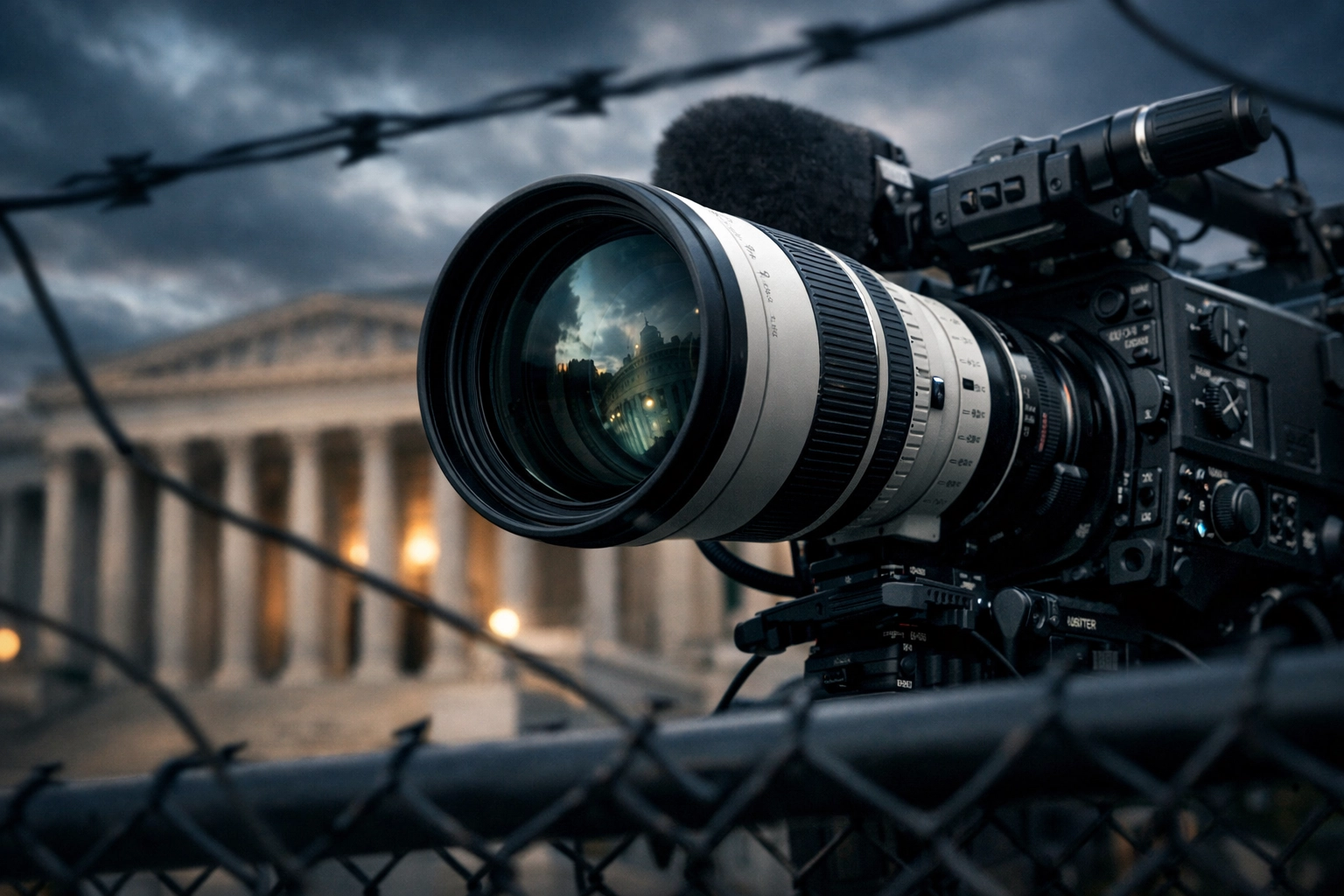 Professional photography news camera with telephoto lens pointed at a government building in D.C.