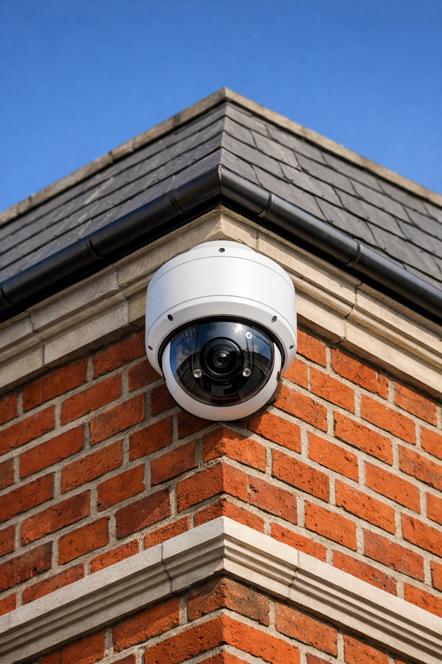 Professional CCTV installation on the corner of a commercial building in Newport.