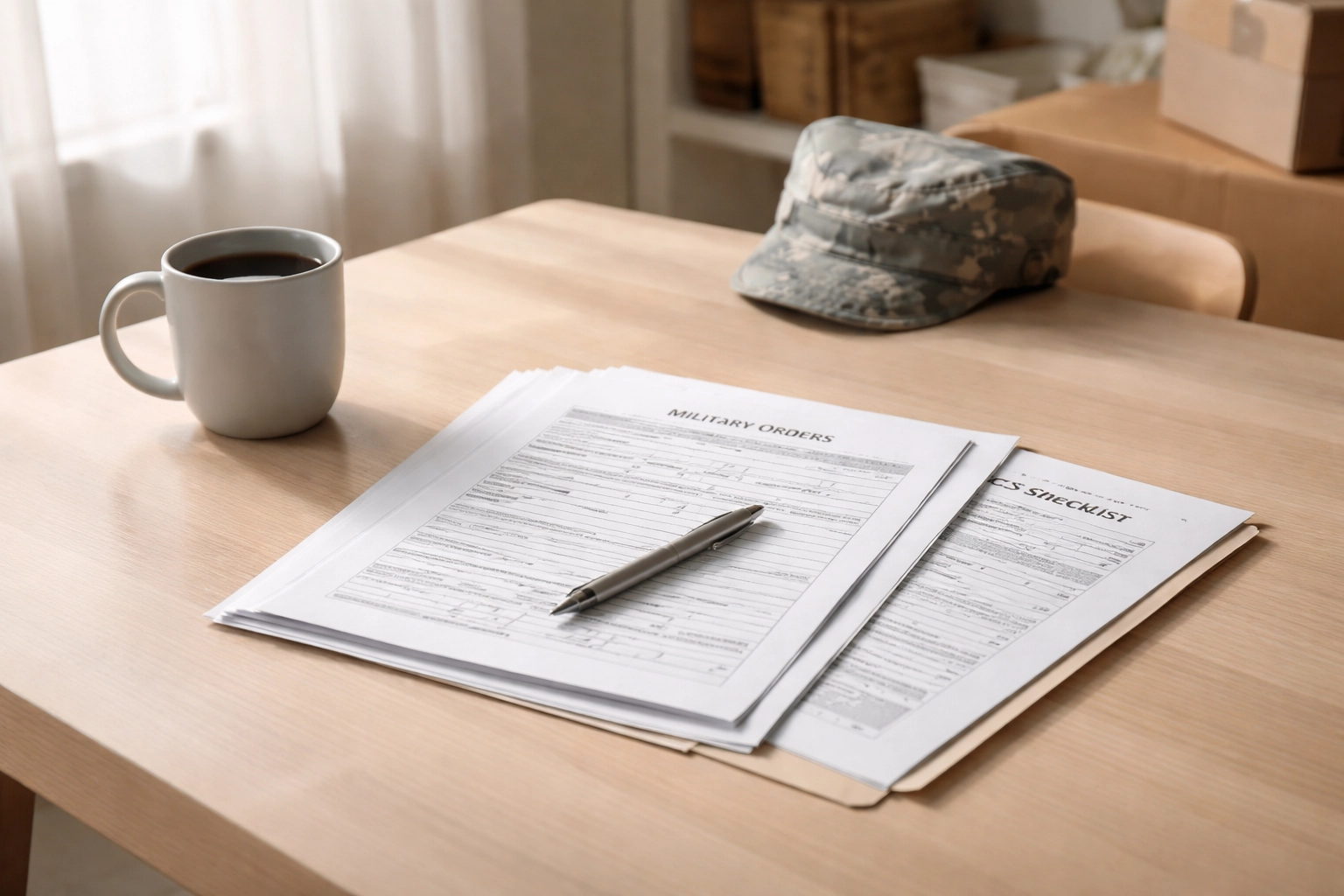 Military family's kitchen table organized with PCS paperwork, highlighting notary preparation before moving at Fort Greely.