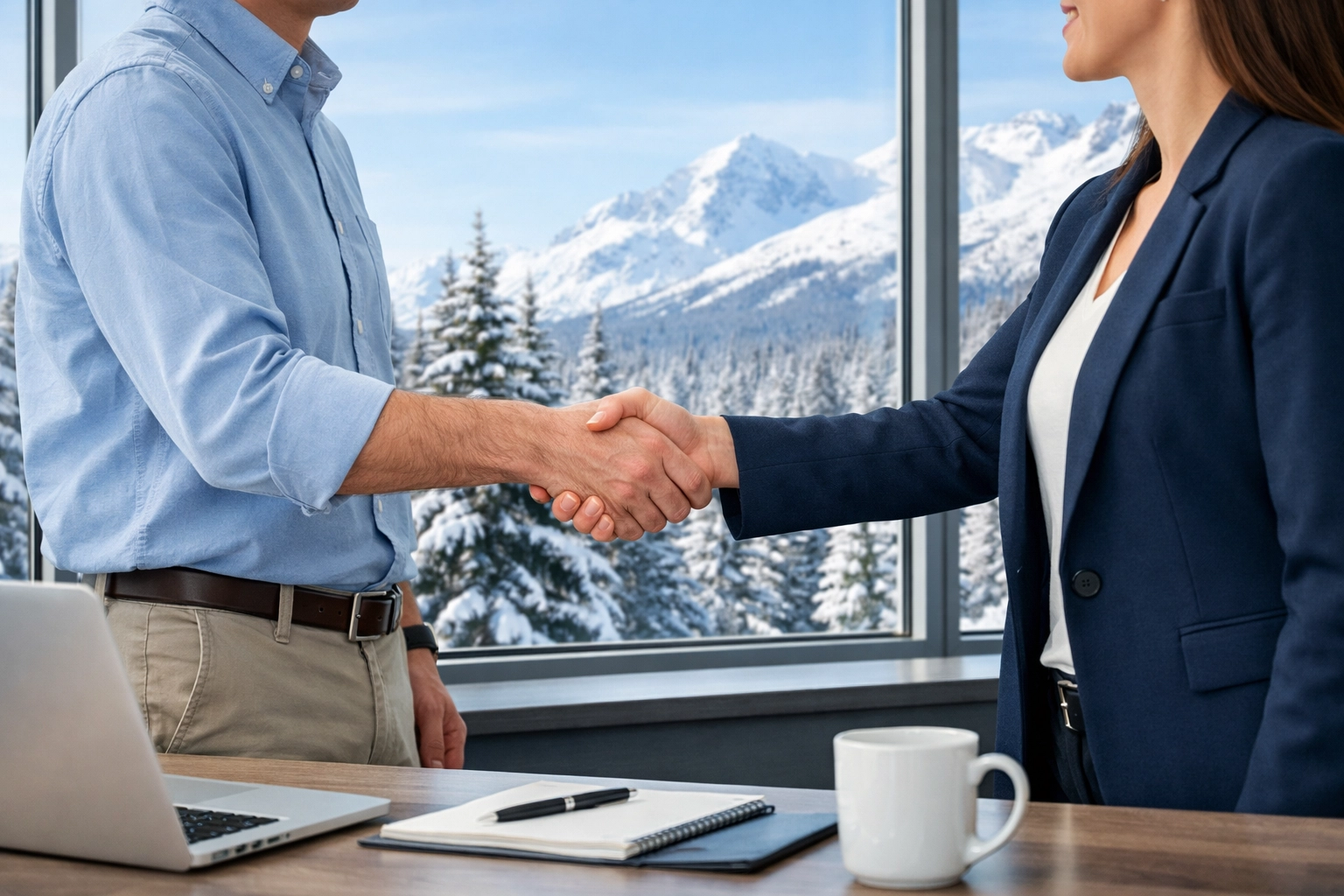 Alaska business professionals shaking hands over general liability insurance coverage