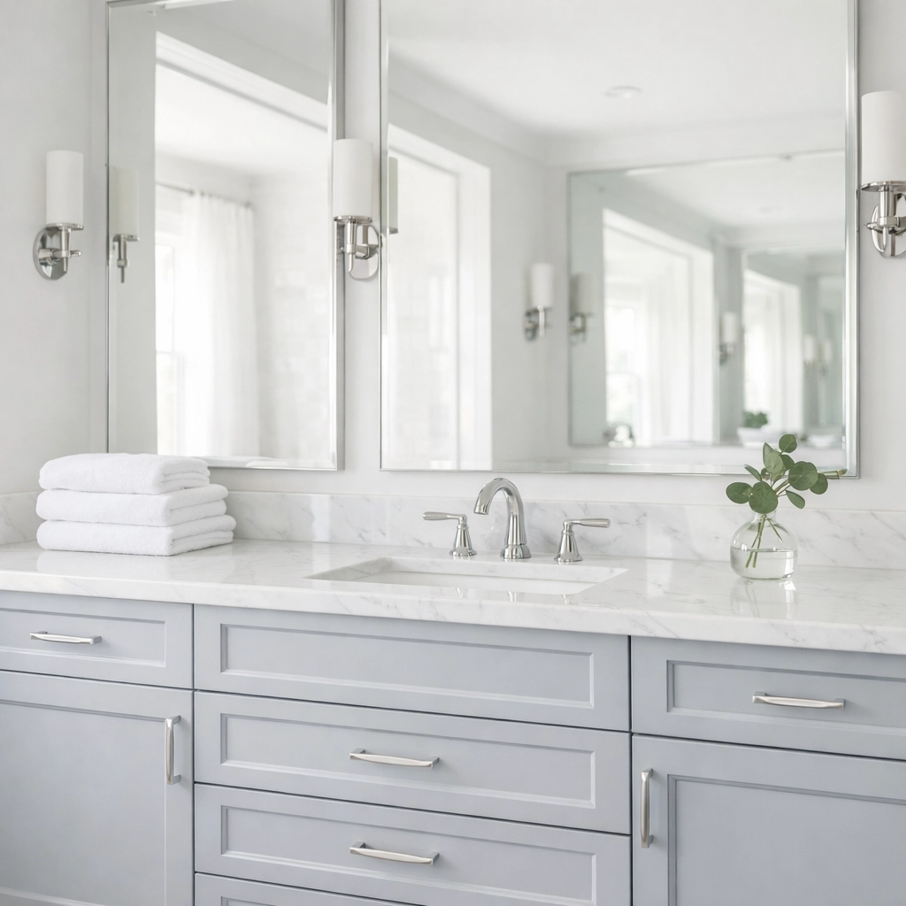Master bathroom vanity refinished in misty grey for a luxury spa-like home makeover.