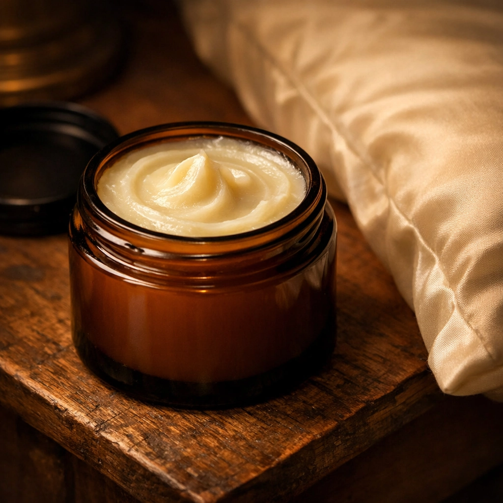 An open jar of NECTR tallow balm on a nightstand for an overnight skin barrier reset routine.