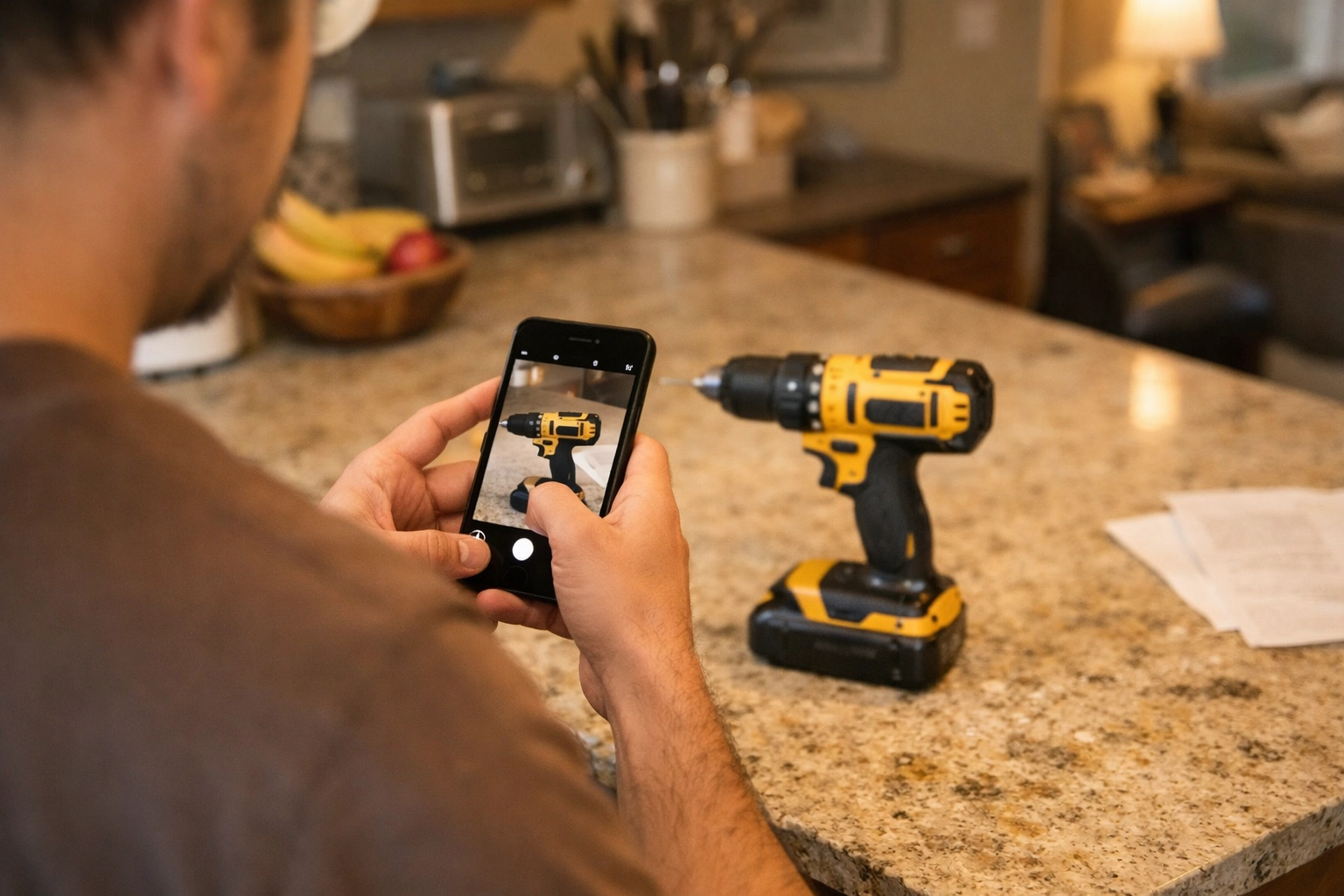 Everyday items laid out at home ready to be listed—camera, tools, camping gear