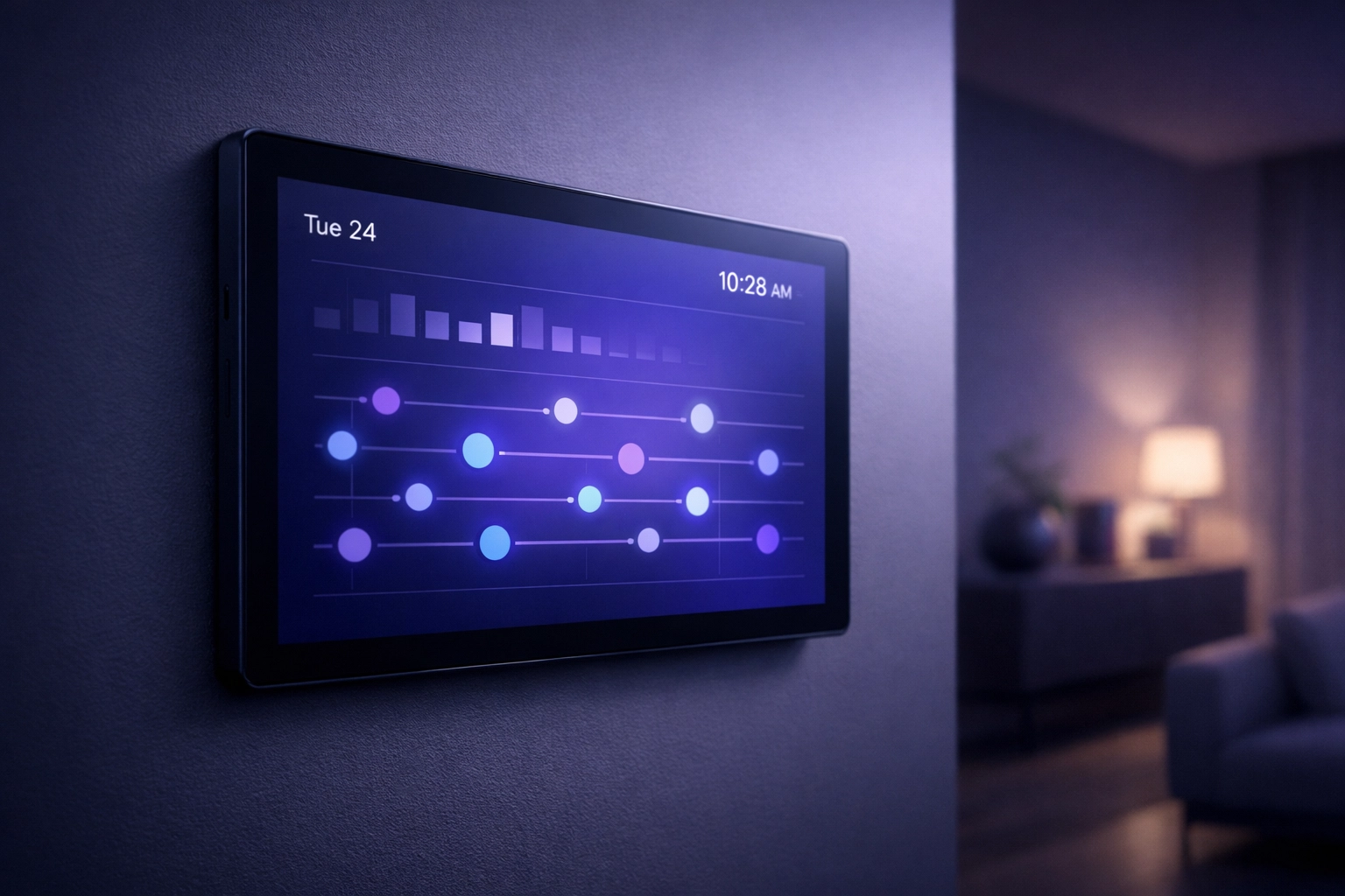 Sleek digital wall tablet displaying a visual calendar for adult executive dysfunction support.