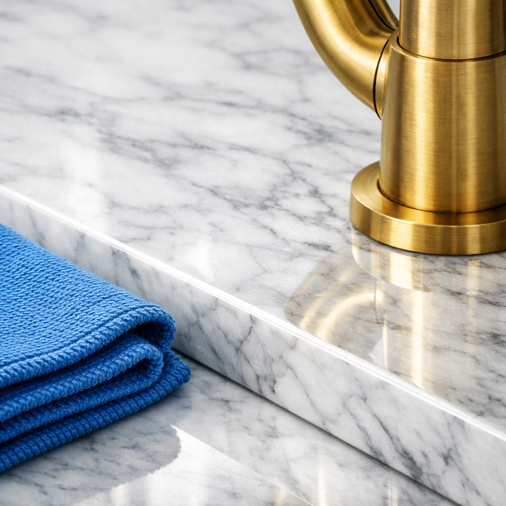 Detailed view of polished marble surfaces after luxury residential cleaning Massachusetts service in Dover.