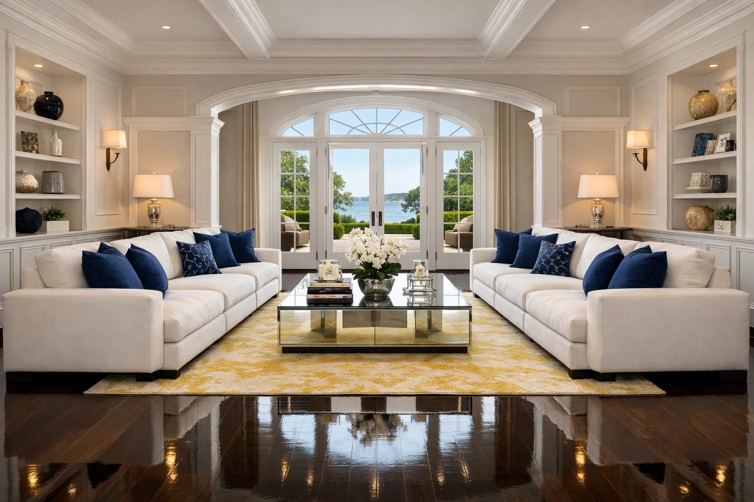 A perfectly polished and organized luxury living room showing residential cleaning Massachusetts results.