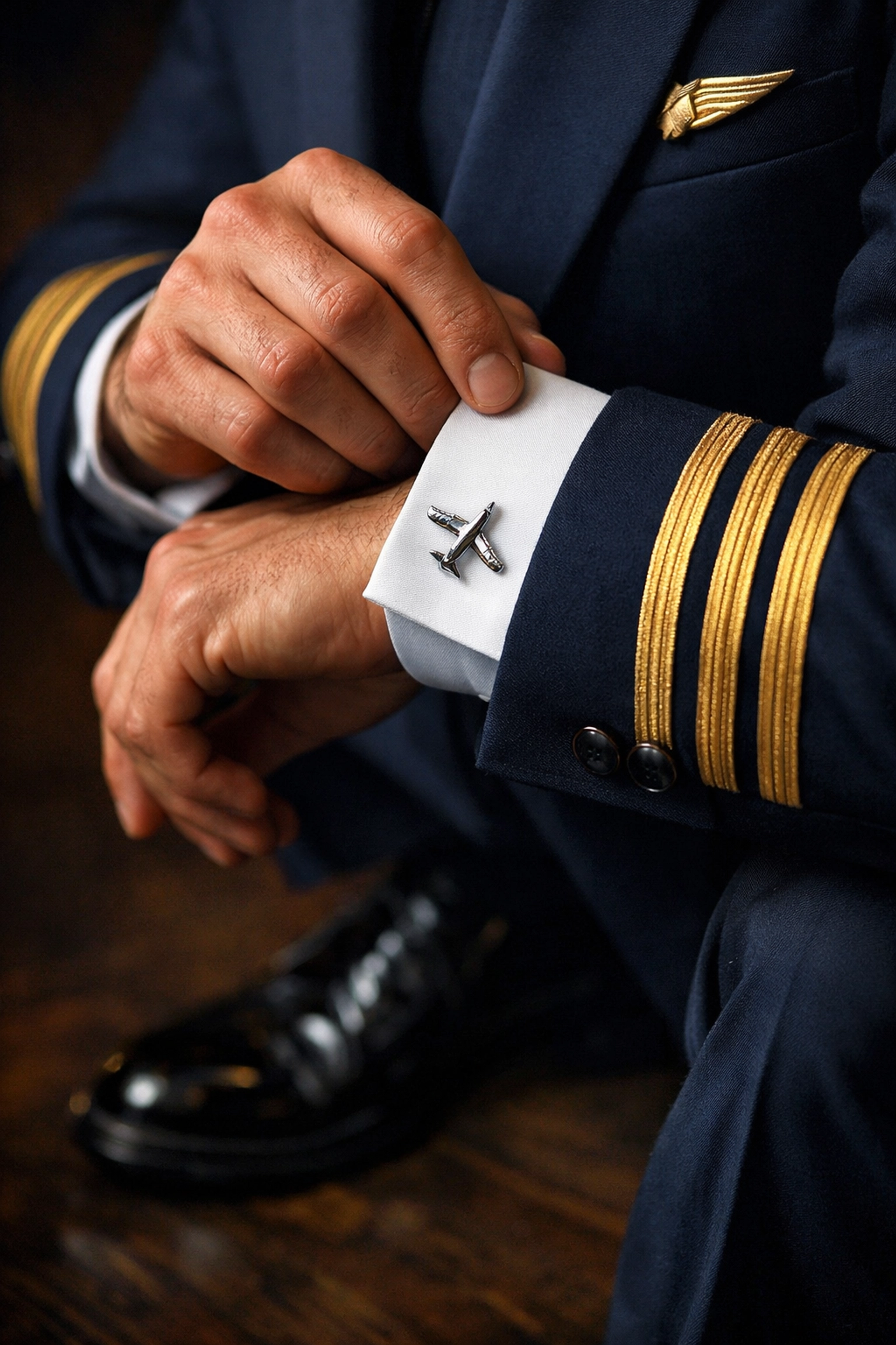 Close-up of flight attendant adjusting uniform cufflinks and sleeve showing attention to detail