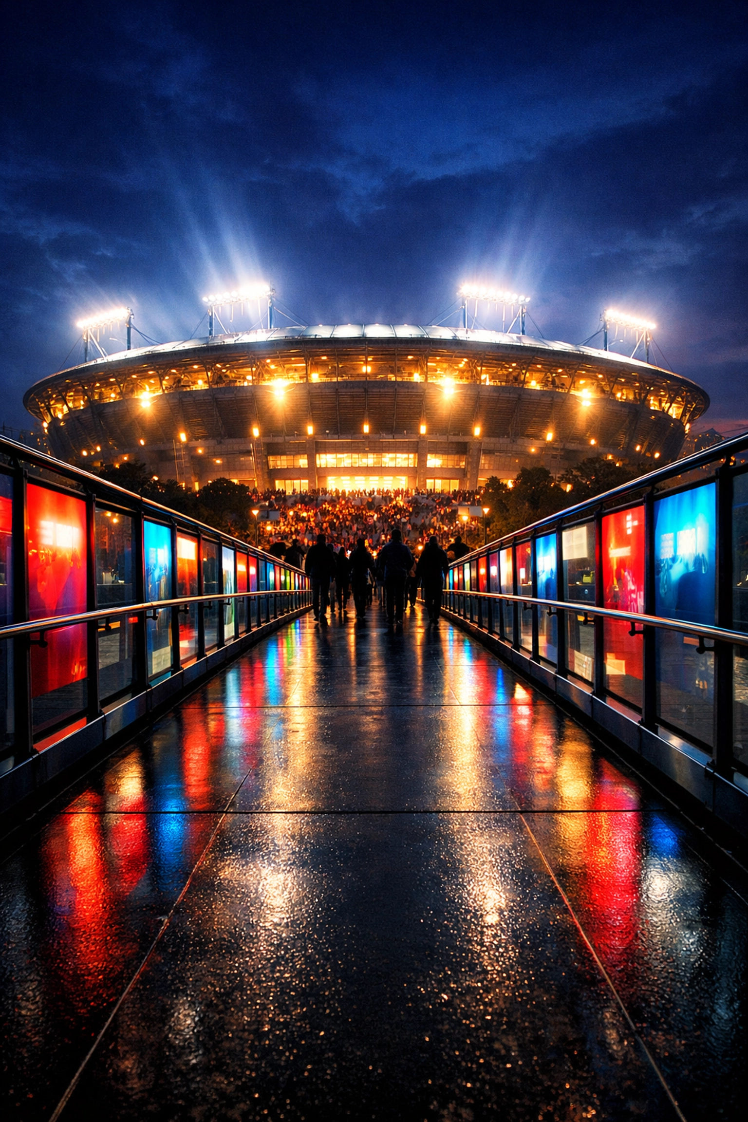 Dynamic digital advertising panels on a pedestrian bridge leading fans toward a lit sports stadium.