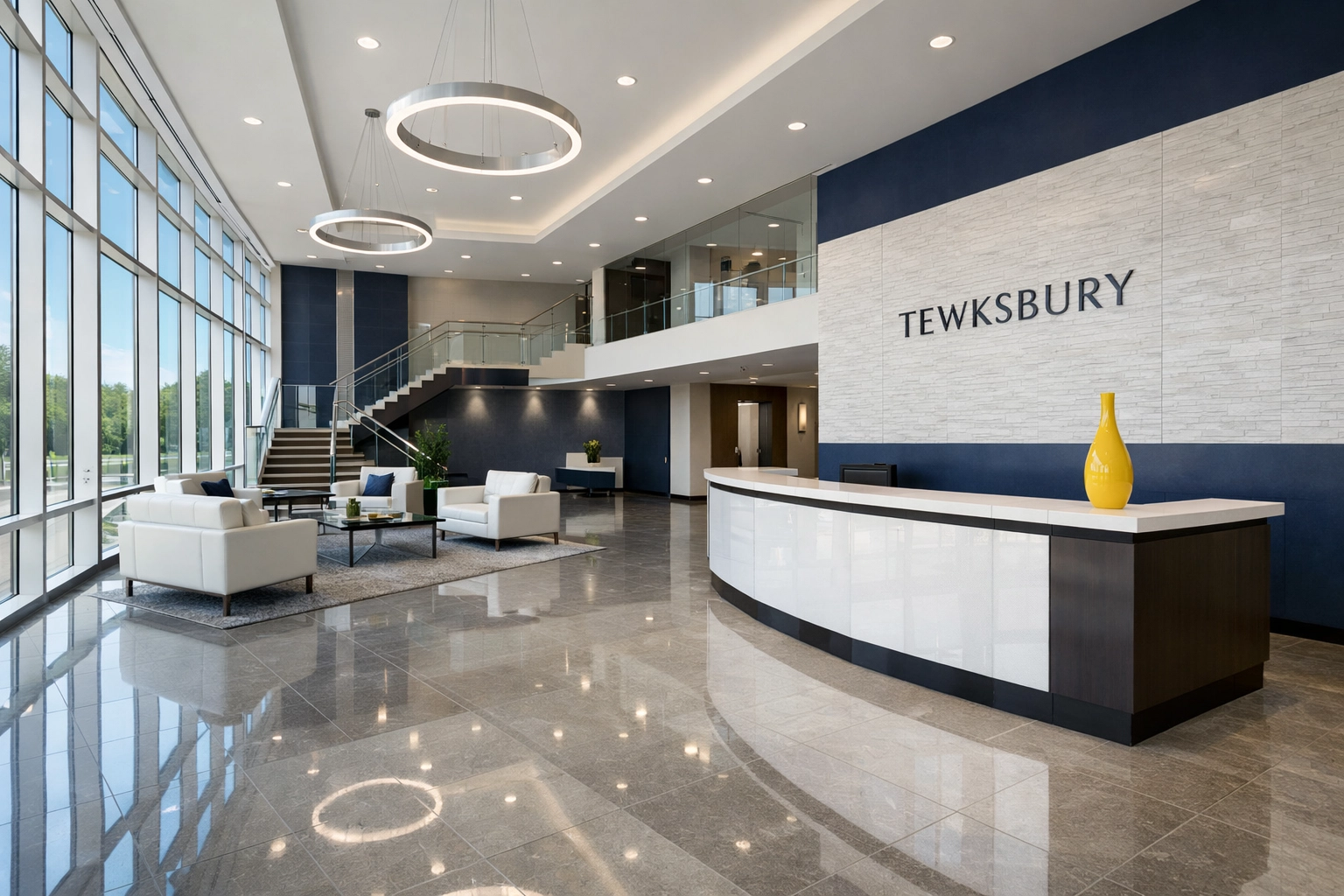 Clean and polished modern corporate lobby in Tewksbury, MA, reflecting professional janitorial care.