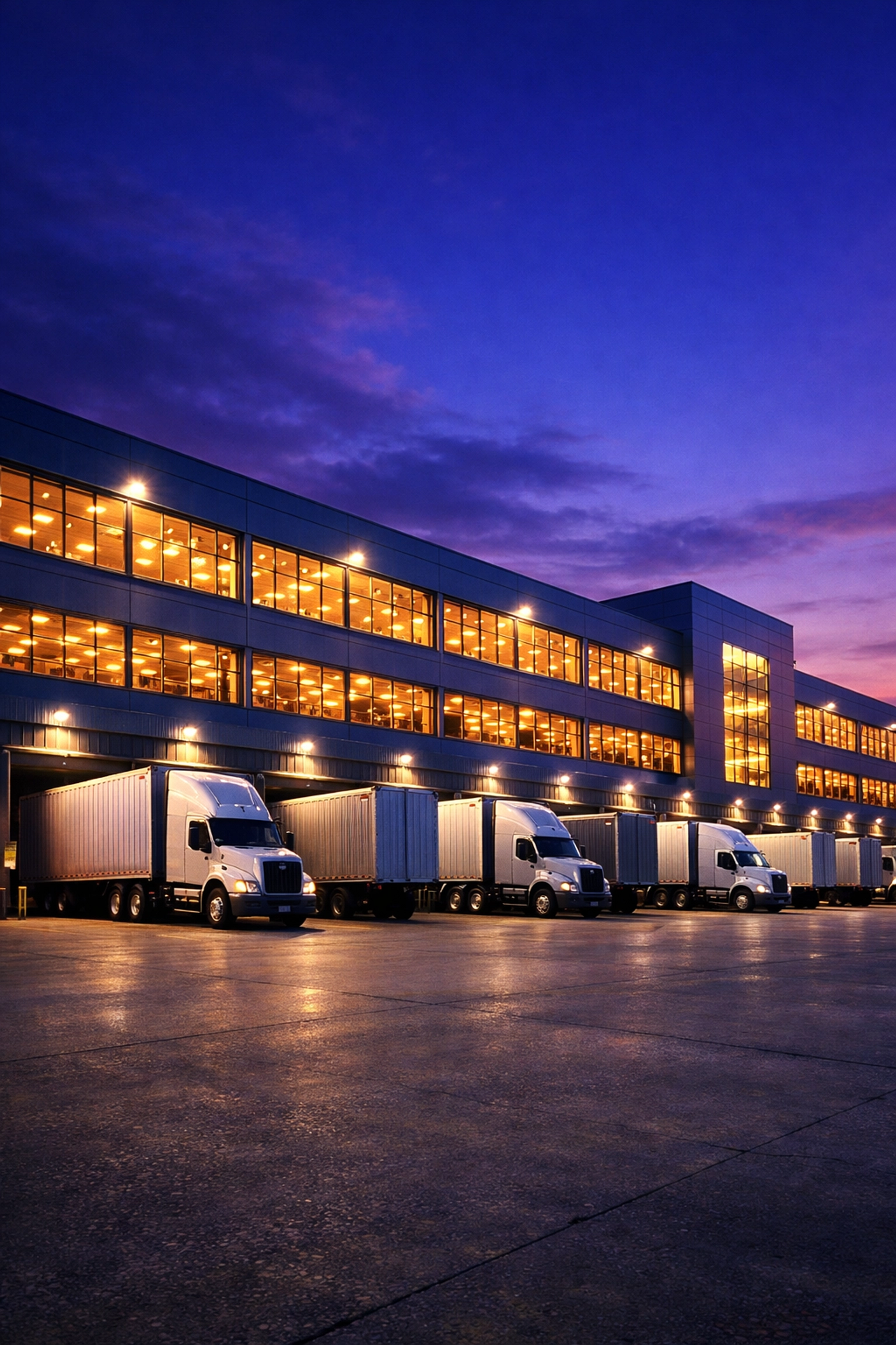 Exterior of an outsourced fulfillment services hub at dusk featuring high-capacity logistics infrastructure.
