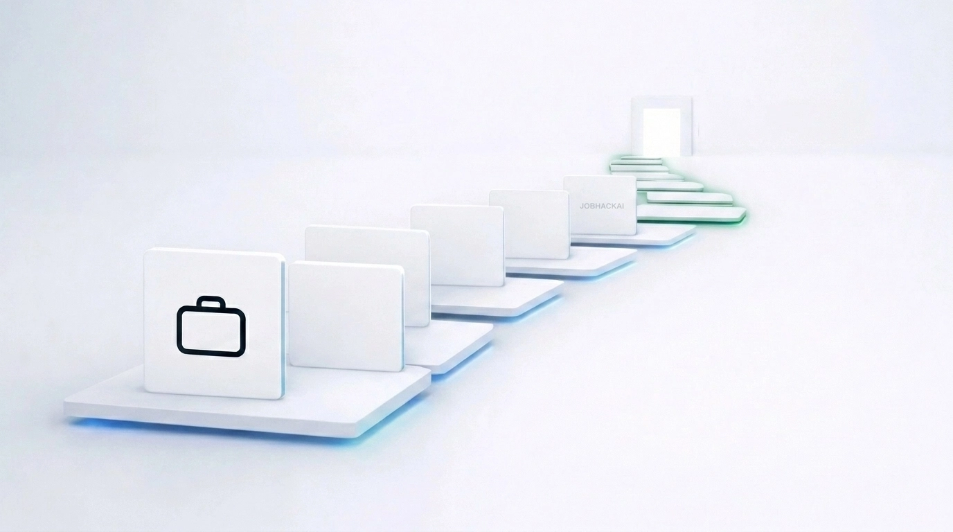 Visualizing the modern job search journey leading to a behavioral interview gateway.