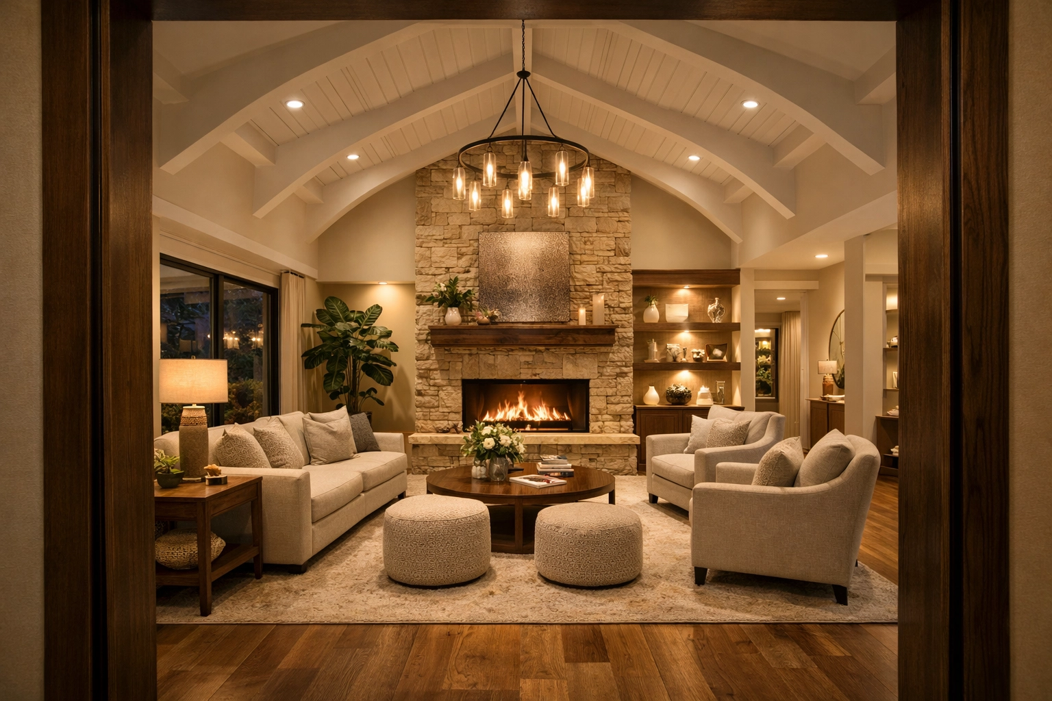 Completed Central Florida home renovation showing a modern living area with high ceilings.