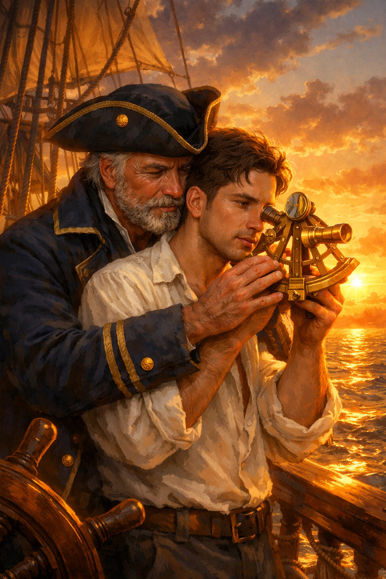 A ship captain and young sailor on deck at sunset, showing the power dynamic in gay historical romance novels.