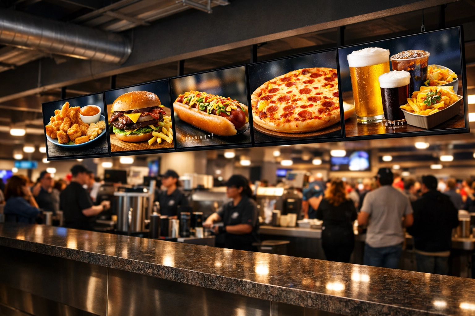 High-definition digital menu boards at a stadium concession stand showing how digital signage marketing boosts efficiency.
