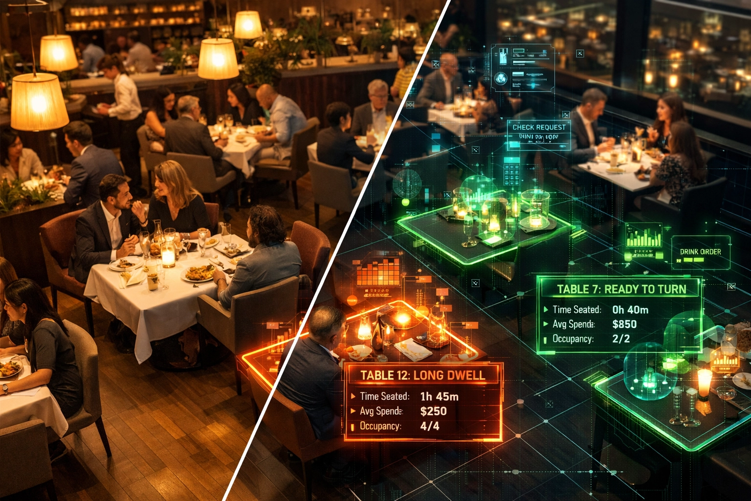 AI-powered restaurant camera view tracking table occupancy and dwell times for faster turnover.