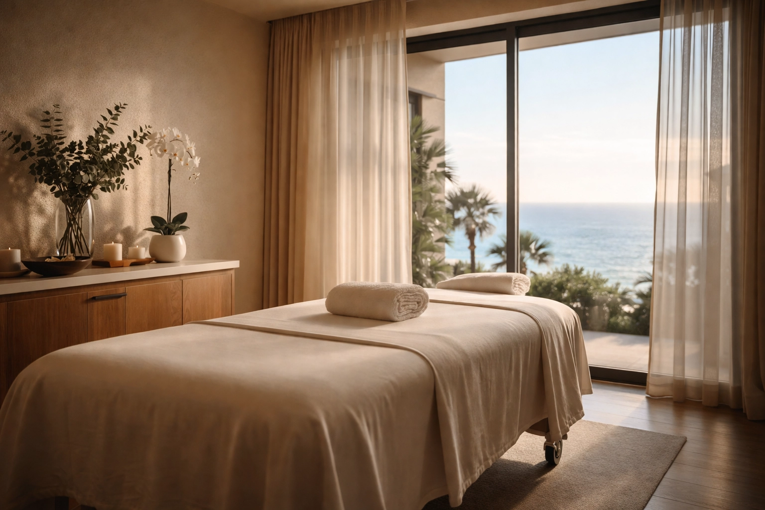 Executive Wellness & Stress-Free Travel – Orange County 2 Executive spa treatment room with ocean view at a luxury Orange County resort, ideal for business traveler wellness