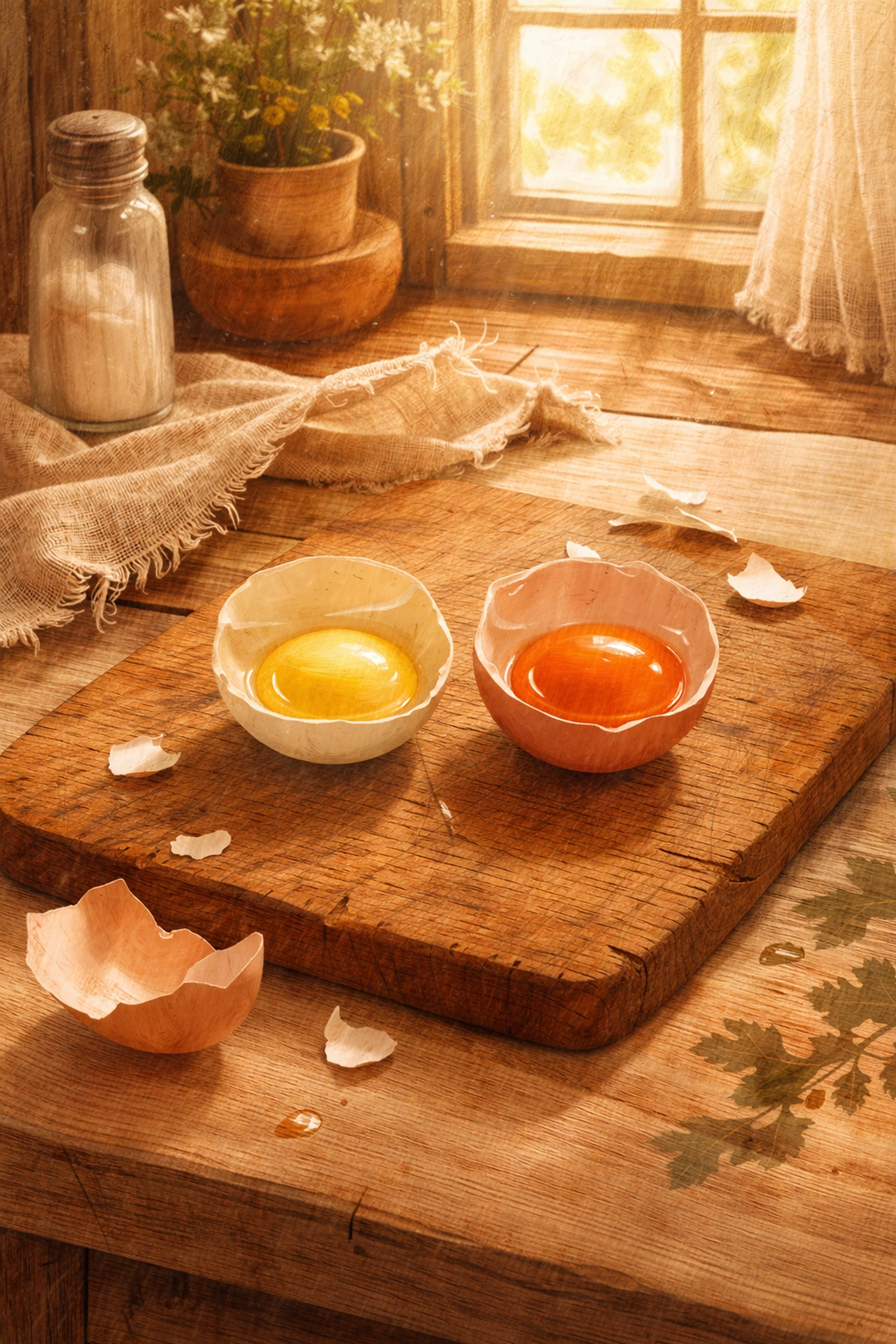 Two cracked eggs with different yolk colors, one pale yellow and one deep orange, shows how diet affects egg yolk color meaning.