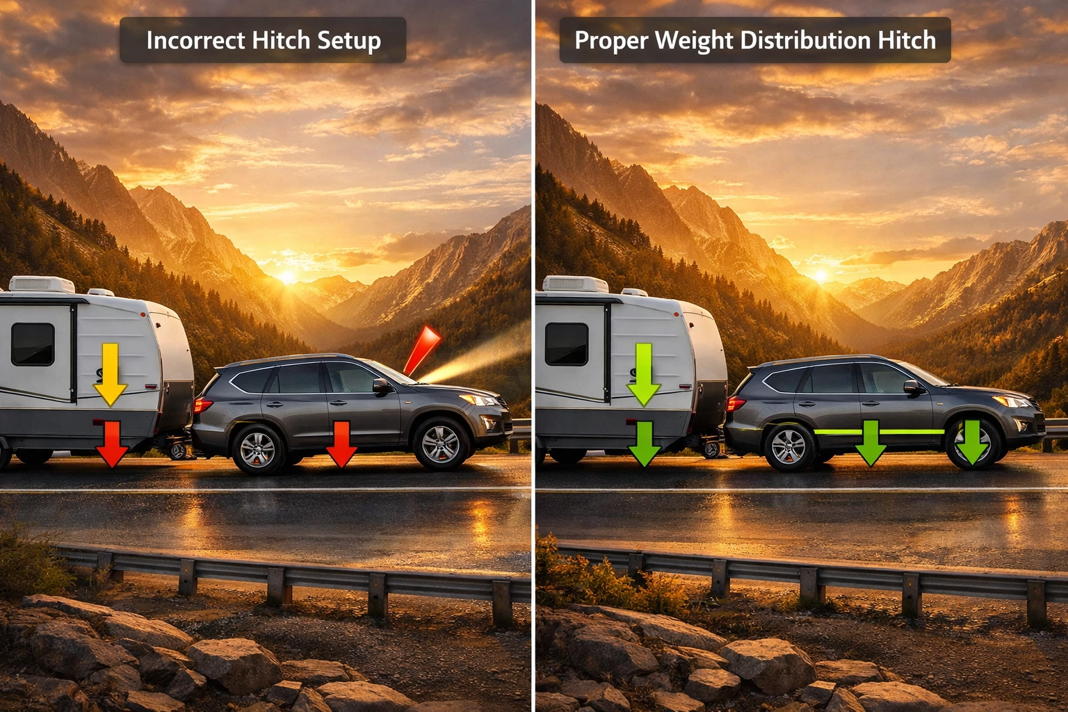 SUV towing comparison showing improper hitch setup with rear sag versus proper weight distribution system
