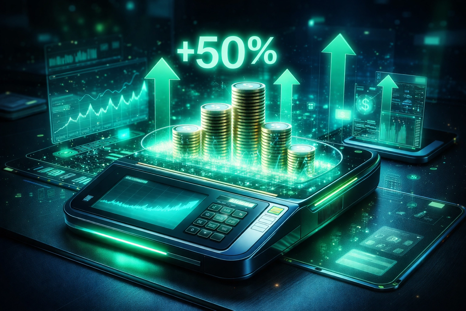 Futuristic financial dashboard showing rising savings and global crypto payment analytics for merchants using self-custody and LUSD stablecoin.