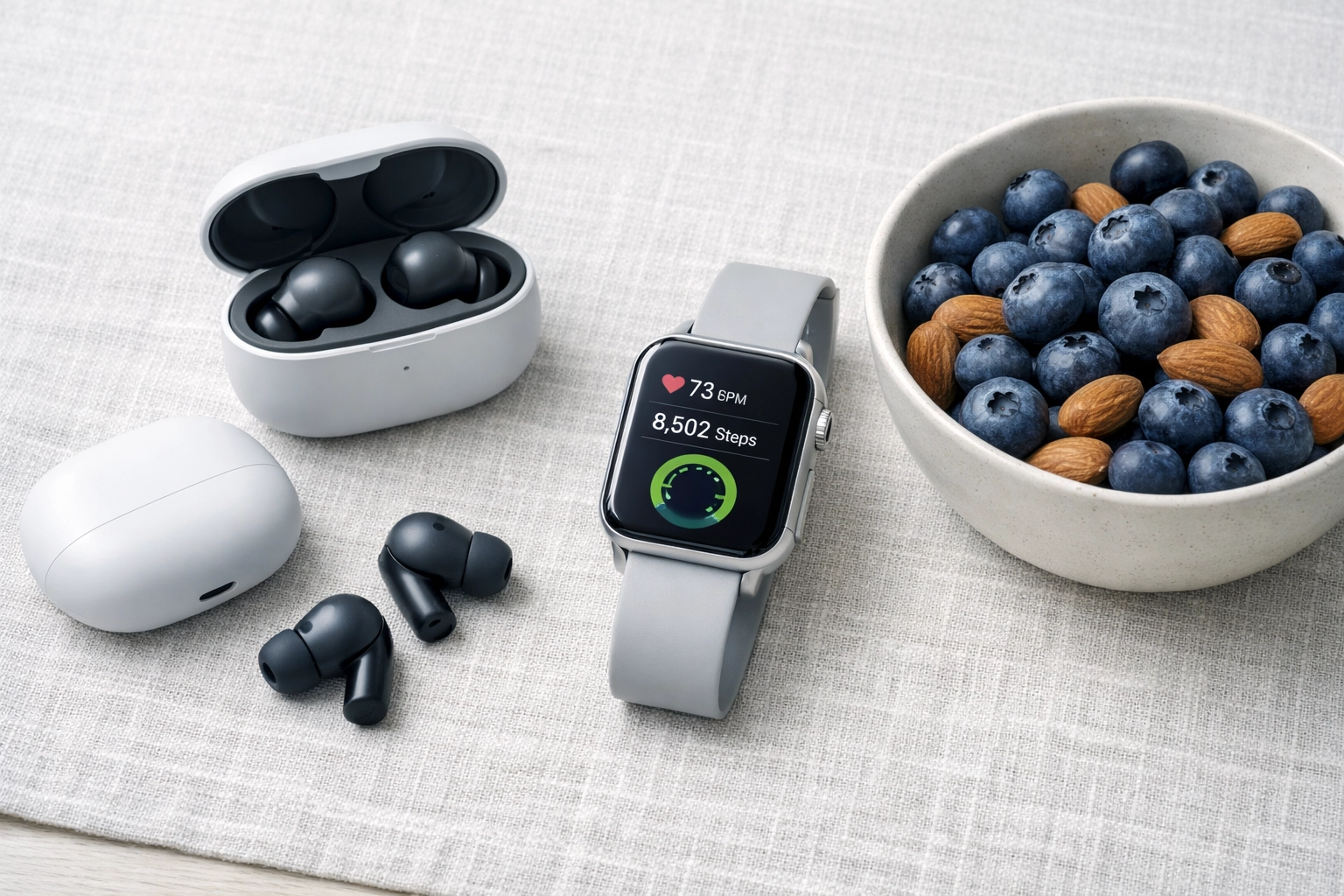 Smartwatch and healthy fruit bowl used for tracking GLP-1 weight loss results.