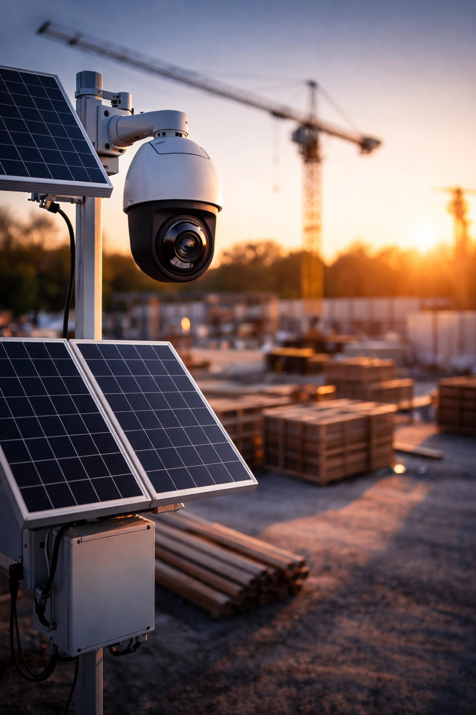 Modern surveillance camera and solar security equipment at a Deerfield Beach construction site during sunset