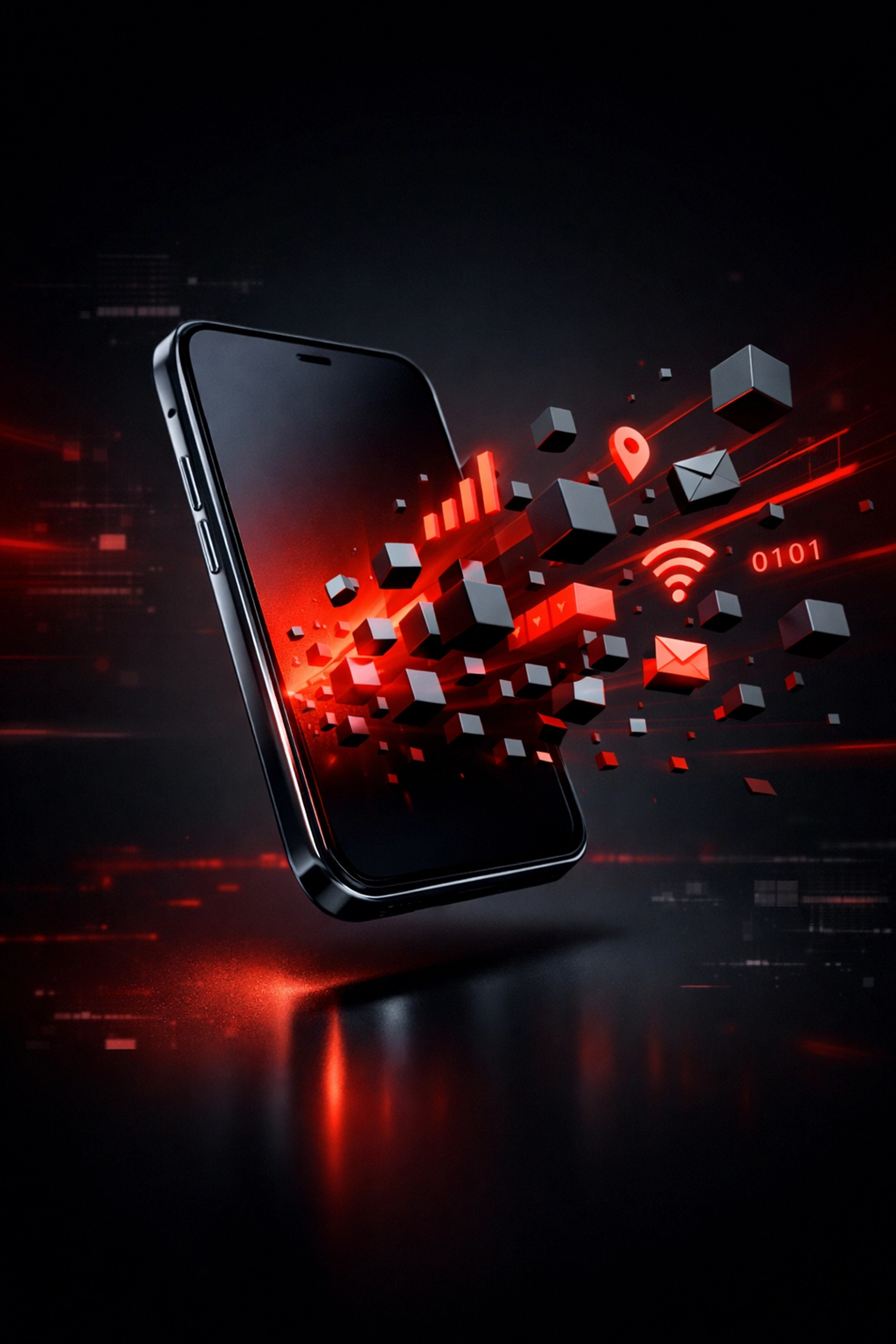 Futuristic smartphone screen emitting red digital icons to show mobile search trends in AI Overviews.