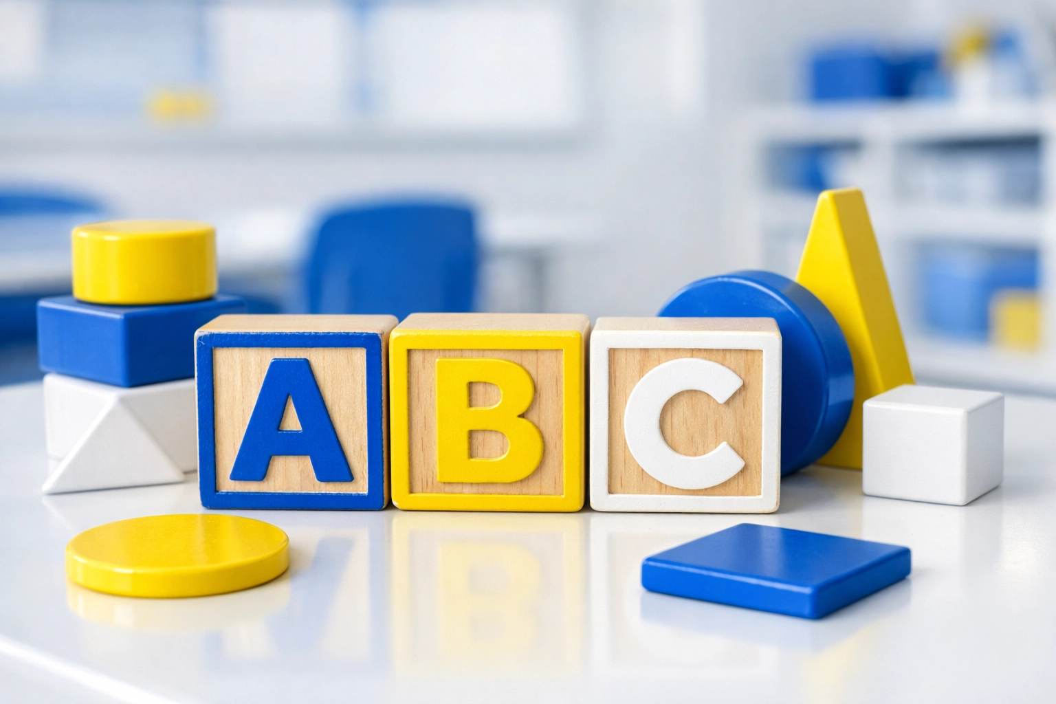 Close-up of sanitized wooden toy blocks in a clean Massachusetts childcare center meeting health standards.